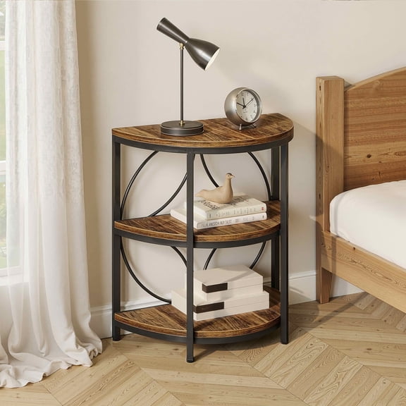 MAYEERTY Half-Round 3-Tier End Side Table, Rustic Brown Particle Board Black Metal Frame with Adjustable Foot Pads