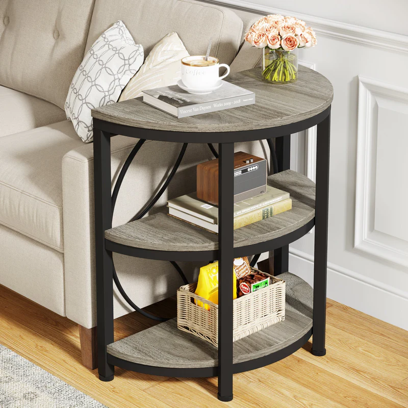 MAYEERTY Half-Round Side Table Rustic Brown Top Black Metal Legs 3-Tier Open Shelves