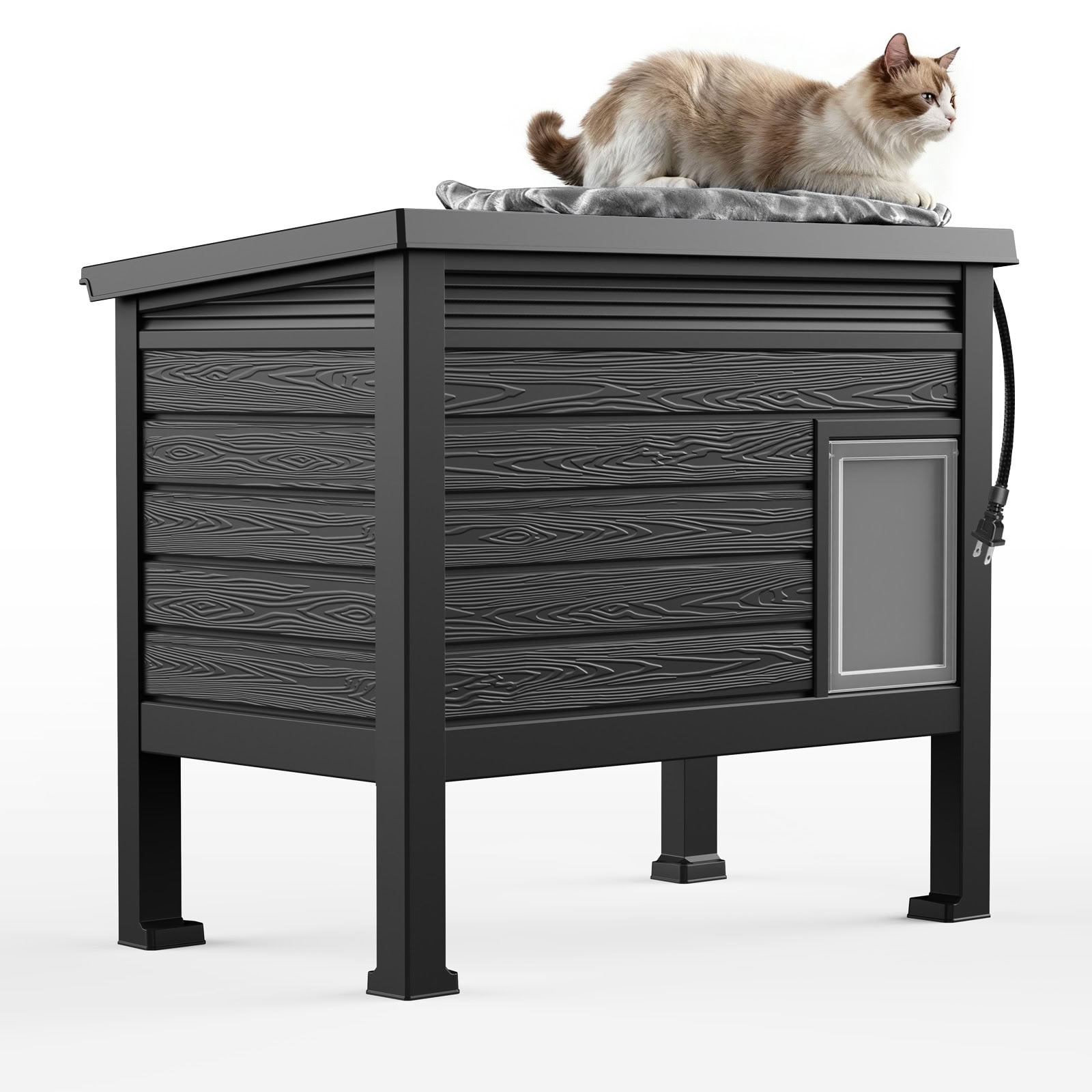 MAYEERTY Heated Indoor & Outdoor Cat House, Heavy-Duty Gas Spring Lid Pet Retreat with Removable Heating Pad