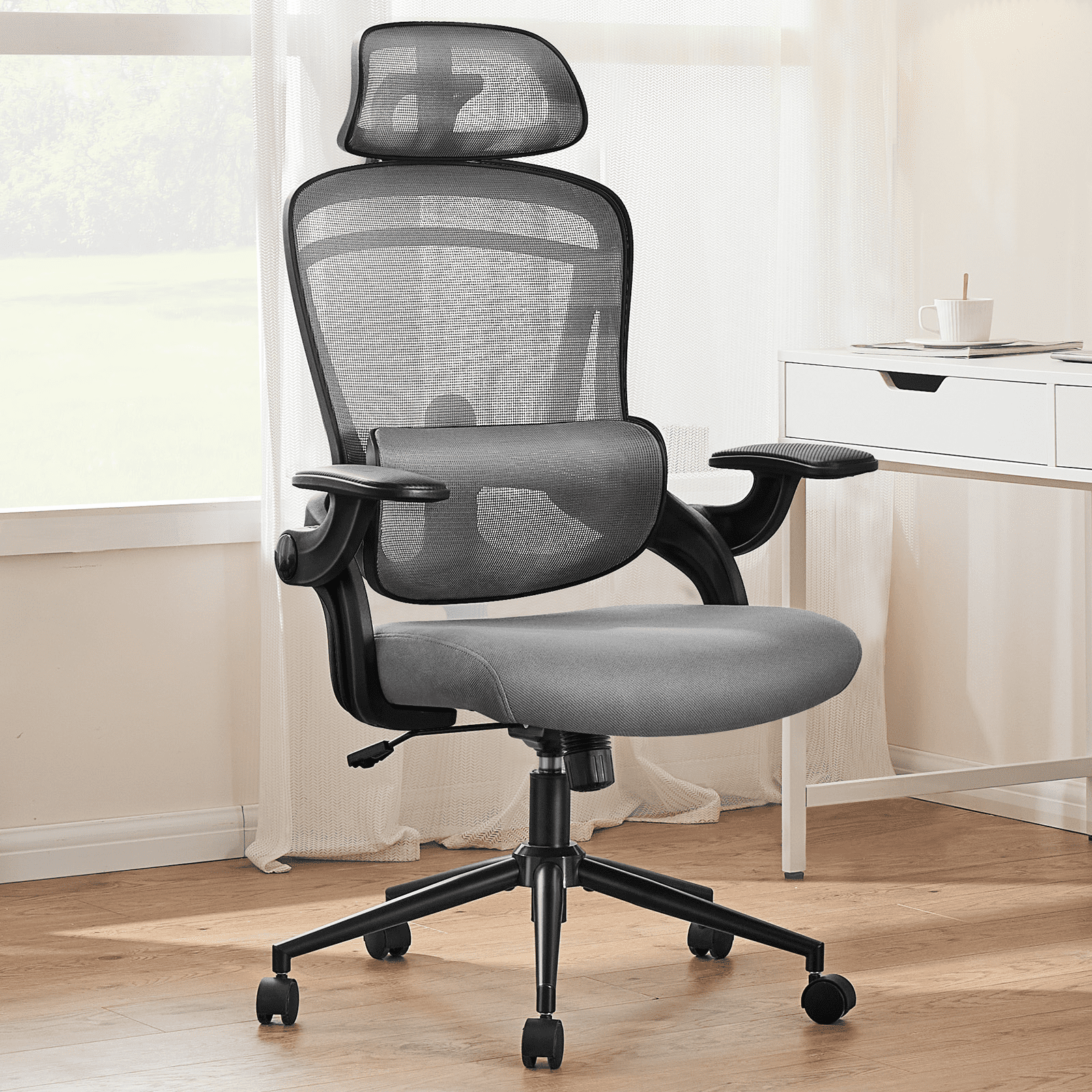 MAYEERTY High Back Desk Chair with Adjustable Lumbar Support & Headrest,Comfortable Mesh Computer Chair with Soft Flip Up Arms, Adjustable Height and 120°Tilt