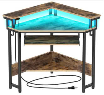 MAYEERTY Home Office Corner Desk Small Triangular Desk with Sockets Lights and Storage