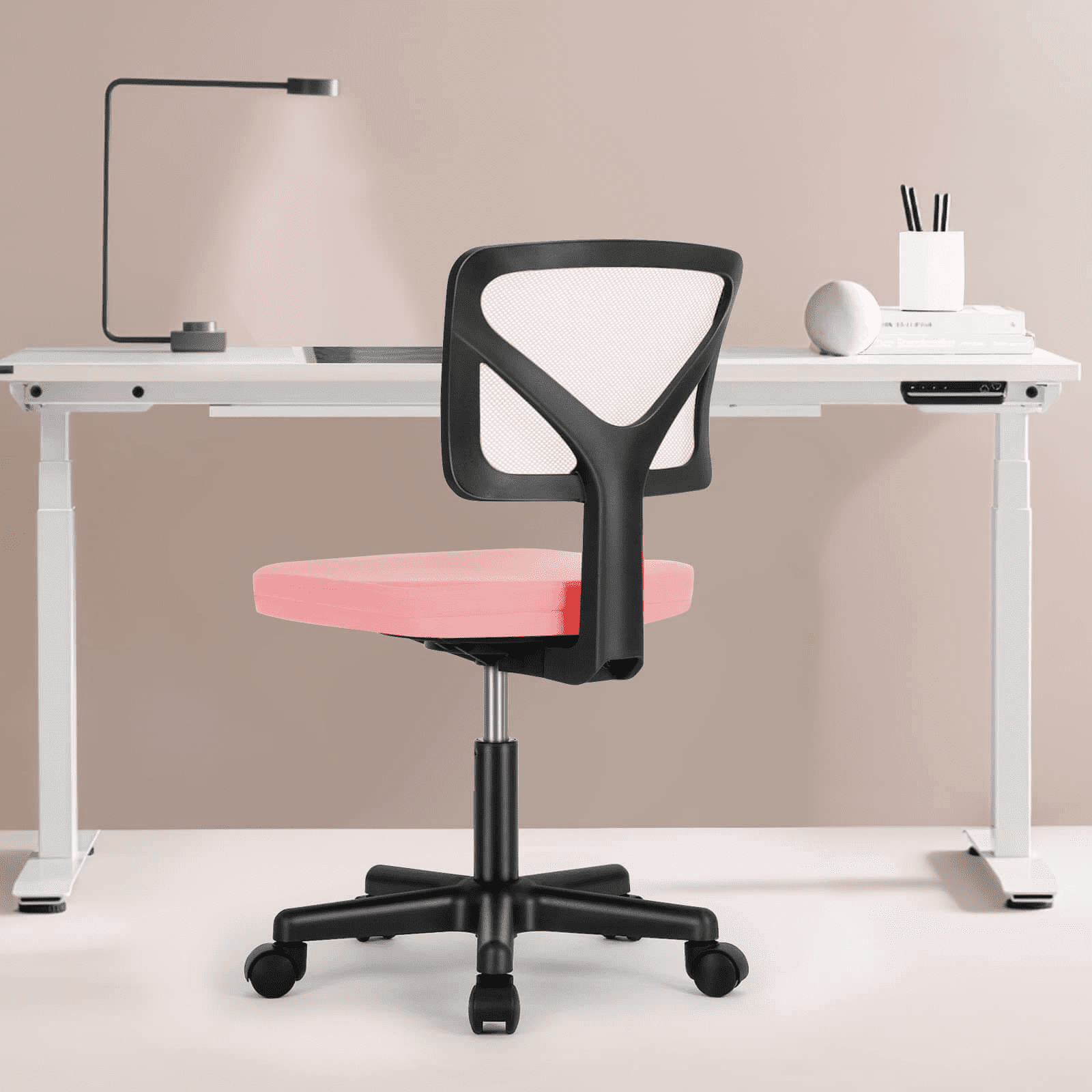 MAYEERTY Home Office Desk Chair, Armless Mesh Computer Chair Small Space Swivel Adjustable Low Back Task Chair for Teens/Adults, Pink