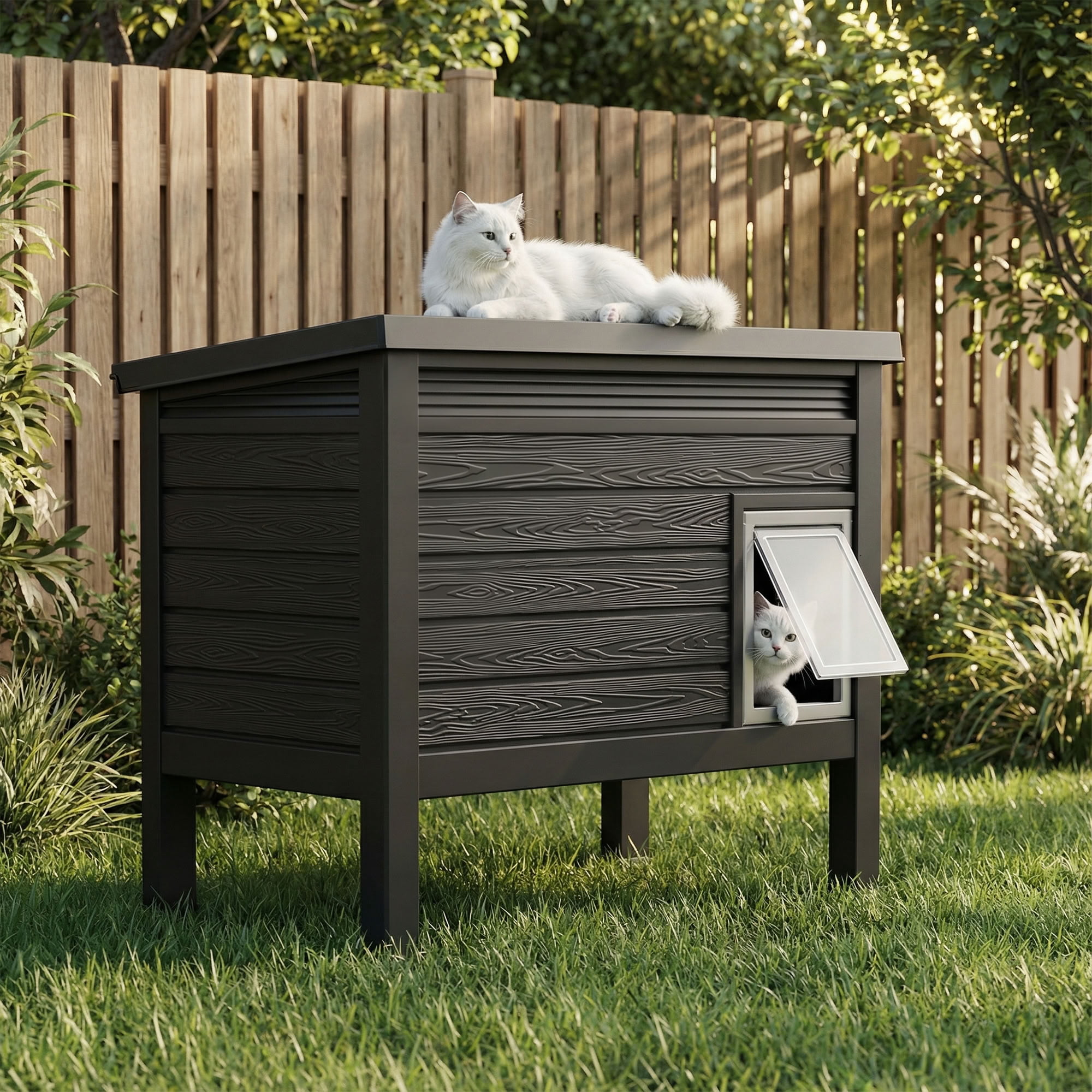 MAYEERTY Indoor & Outdoor Cat House, Gas Strut Top Cover Ventilated Pet Retreat with Removable Divider