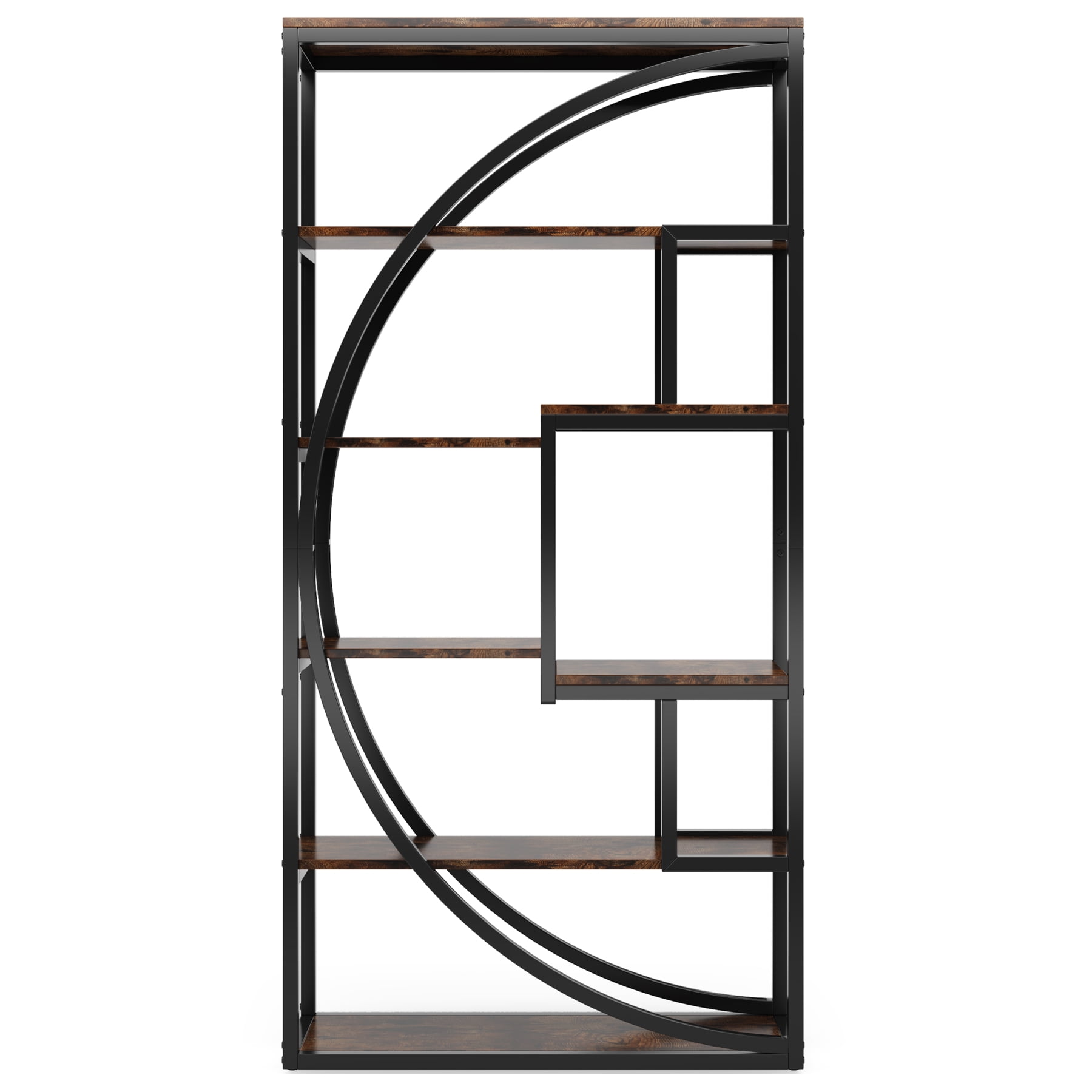 MAYEERTY 6-Tier Industrial Bookcase, 8 Open Geometric Storage Shelves, Gray Wood & Black Metal Display Organizer