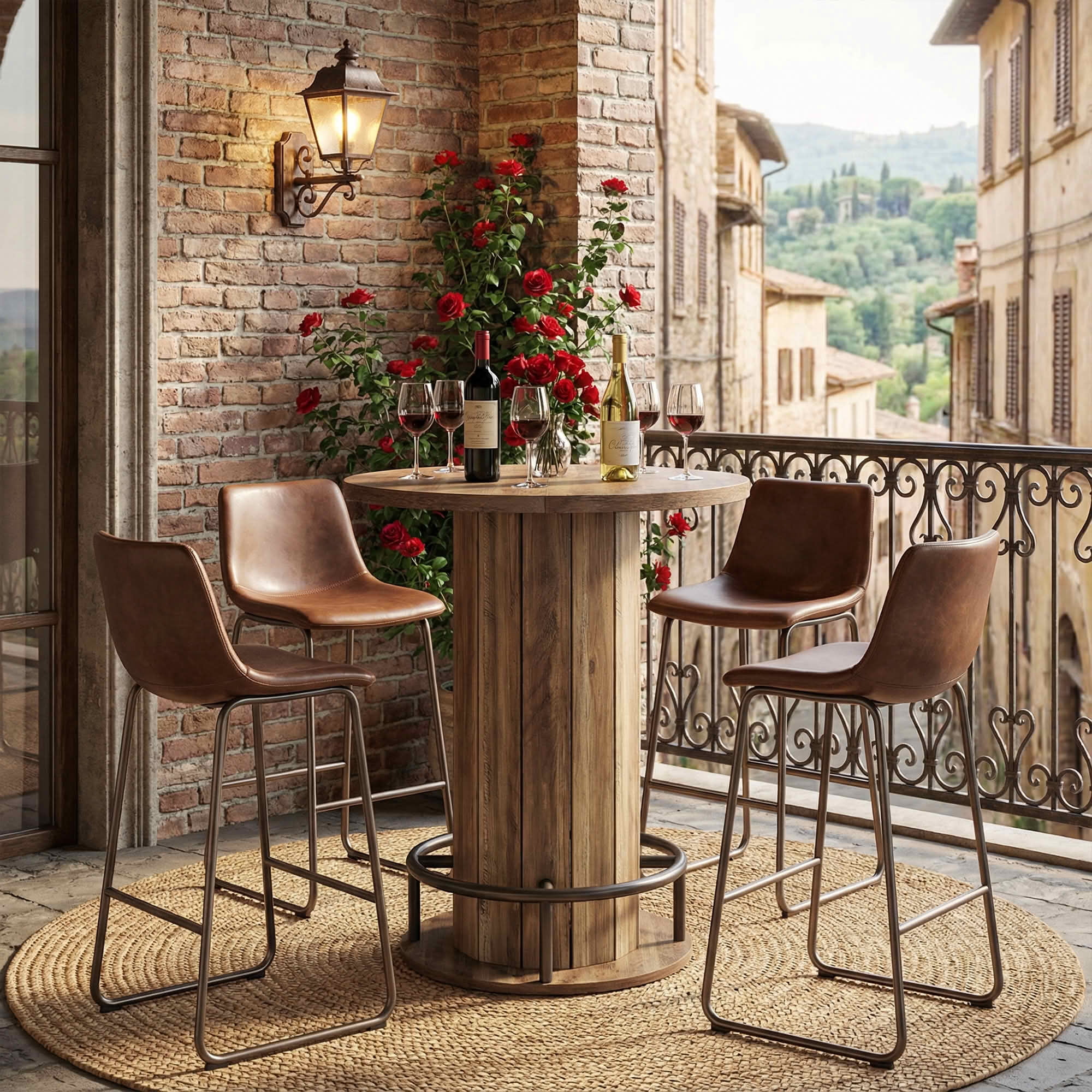 MAYEERTY Industrial-Farmhouse Bar Height Round Bistro Table, Wooden Pub Table with Footrest for Home Kitchen Cafe Apartment