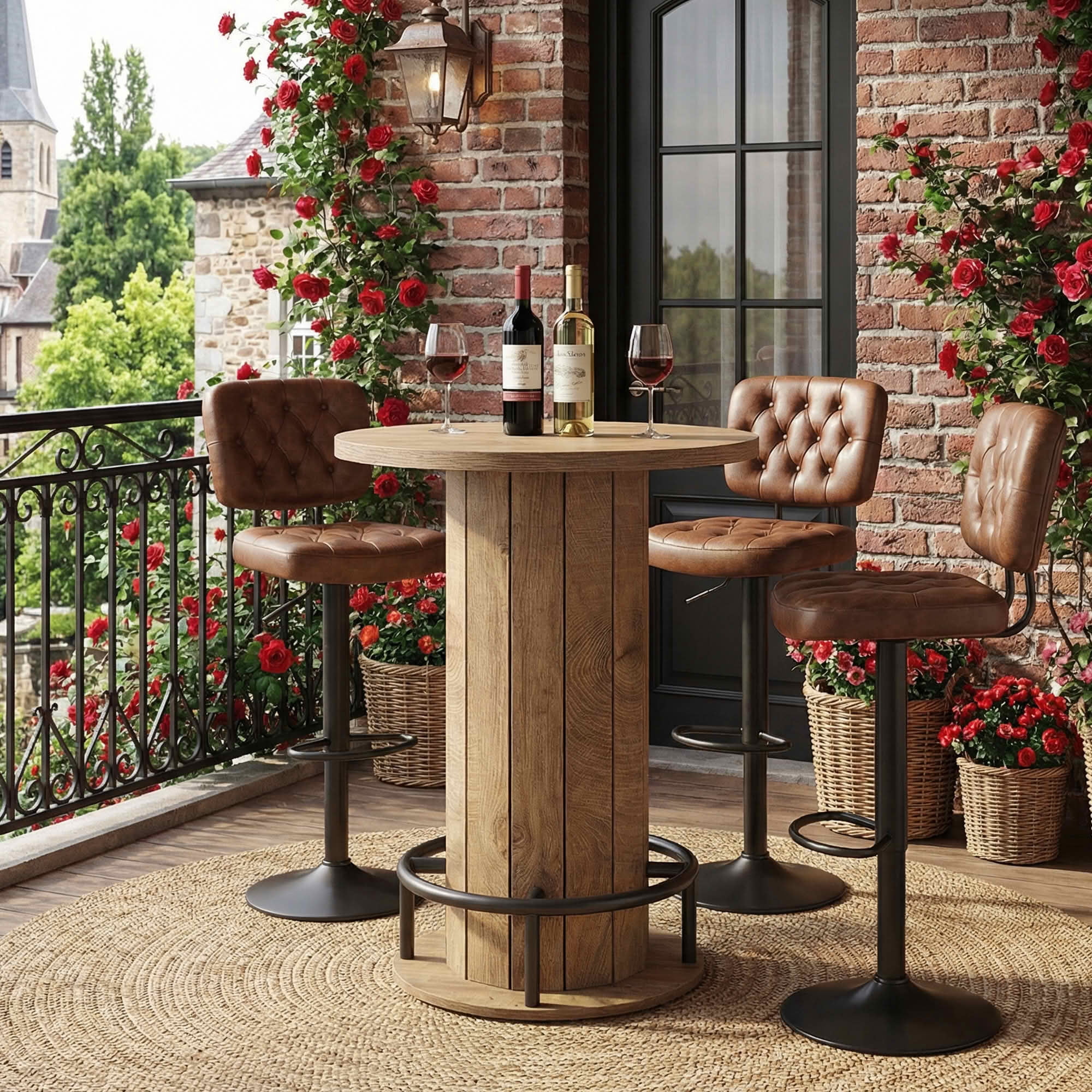 MAYEERTY Industrial-Farmhouse Bar Height Round Bistro Table, Wooden Pub Table with Footrest for Home Kitchen Cafe Apartment