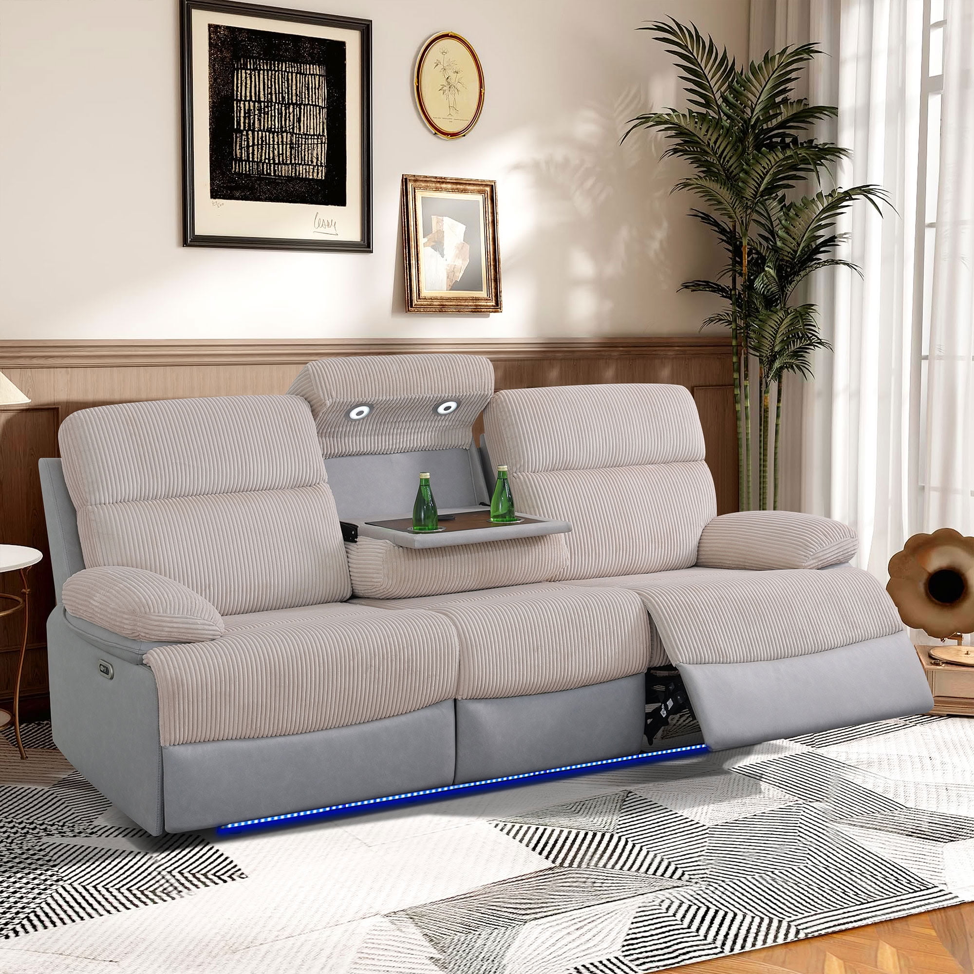MAYEERTY Intelligent 3-Seater Recliner Sofa, Wear-Resistant Fabric with Wireless Charging & LED for Family Living Rooms