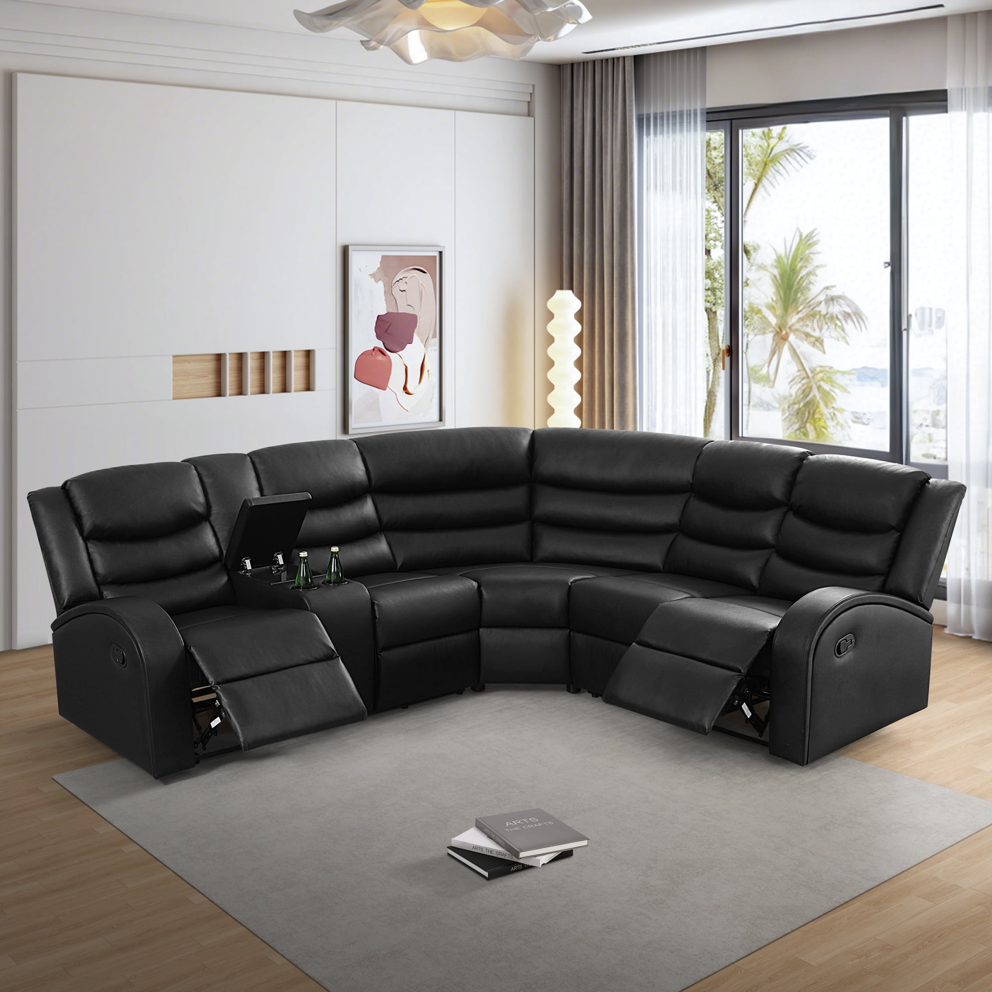 MAYEERTY Intelligent Sectional Recliner Sofa Set with Semi PU Leather, Cup Holders & Storage Slot for Living Room