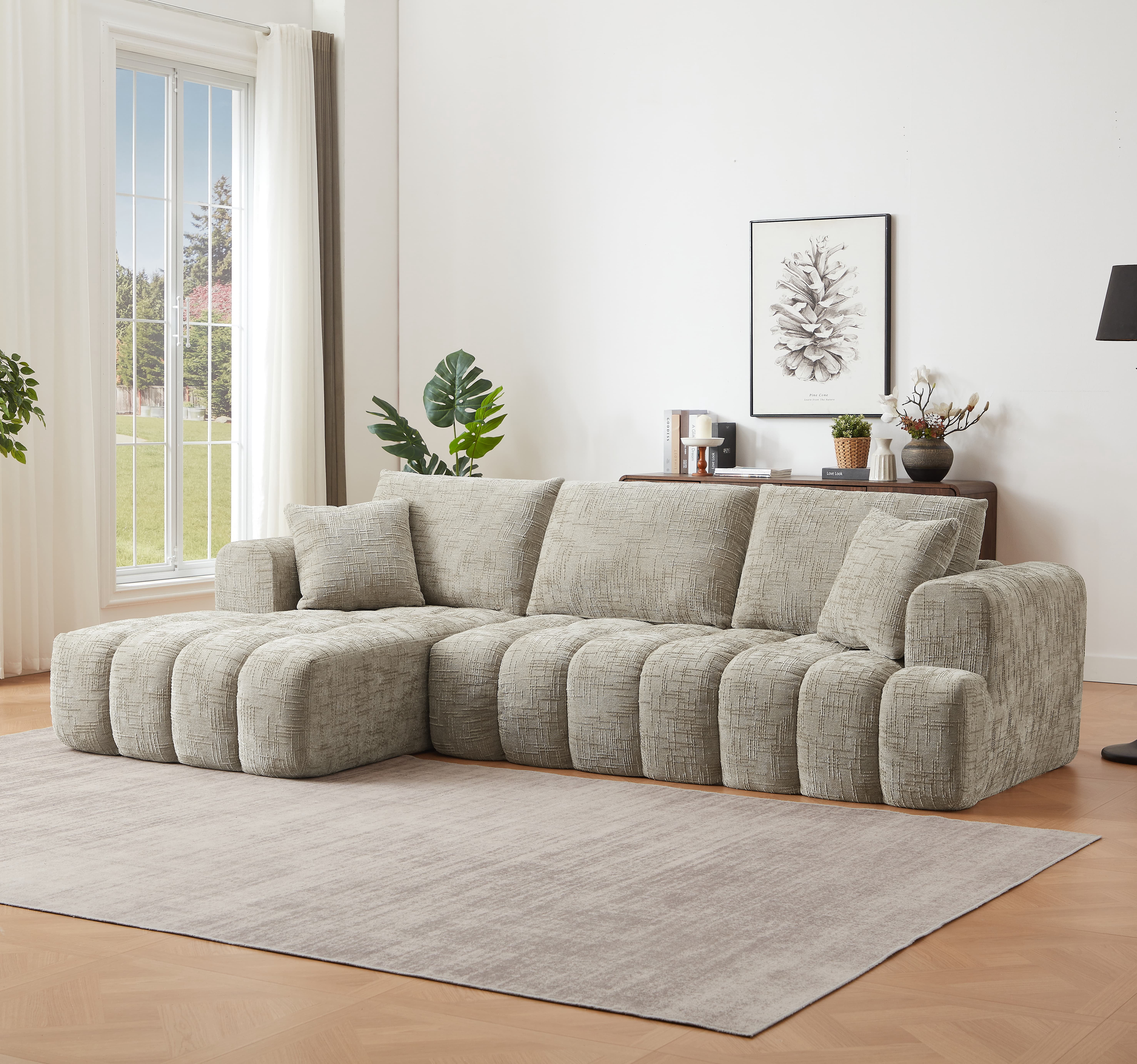 MAYEERTY 108.3" Khaki Chenille L-Shaped Modular Sectional Sofa, Pocket Spring No Assembly Couch for Living Room Apartment