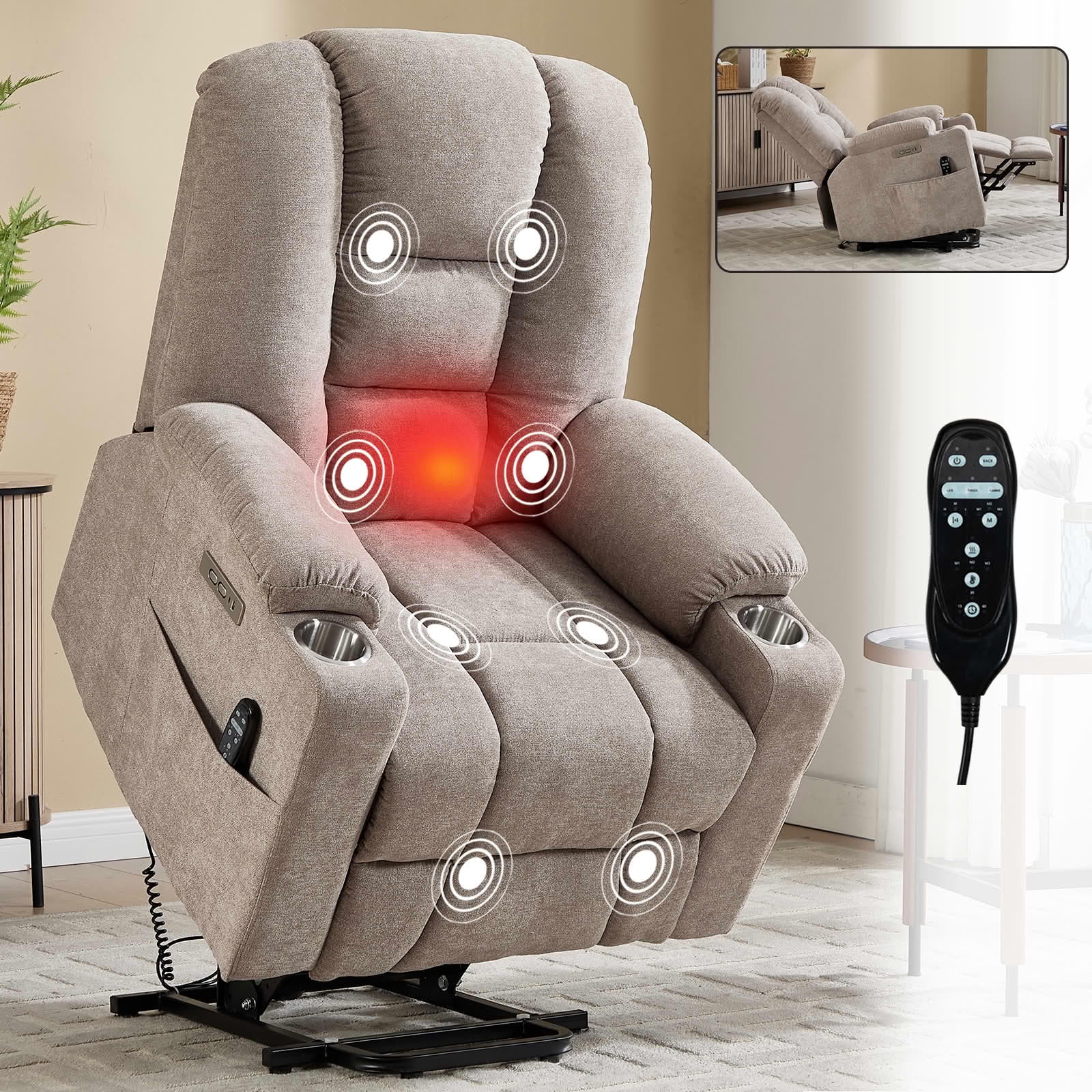 MAYEERTY Khaki Chenille 350lbs Power Lift Recliner, Massage Heat USB-C 34"x39"x42" Wide Overstuffed for Elderly