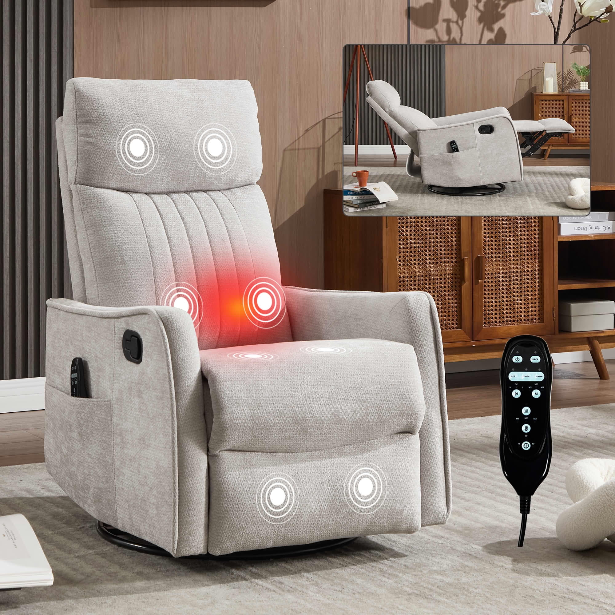 MAYEERTY Khaki Chenille Heat Massage Recliner Chair, 360° Swivel Rocker for Living Room, 26x35x39in