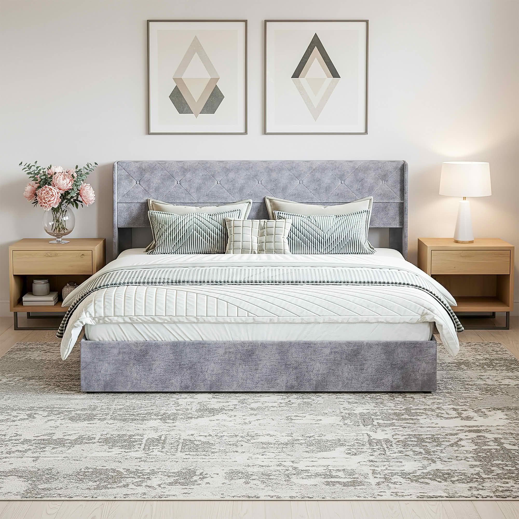 MAYEERTY King Size Hydraulic Lifting Storage Bed Soft Padded Platform Bed Frame Headboard with Backrest