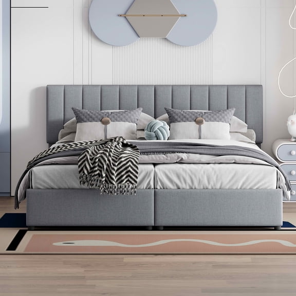 MAYEERTY King Size Upholstered Platform Bed with Vertical Stripe Headboard & Spacious Underbed Storage, Sturdy Frame