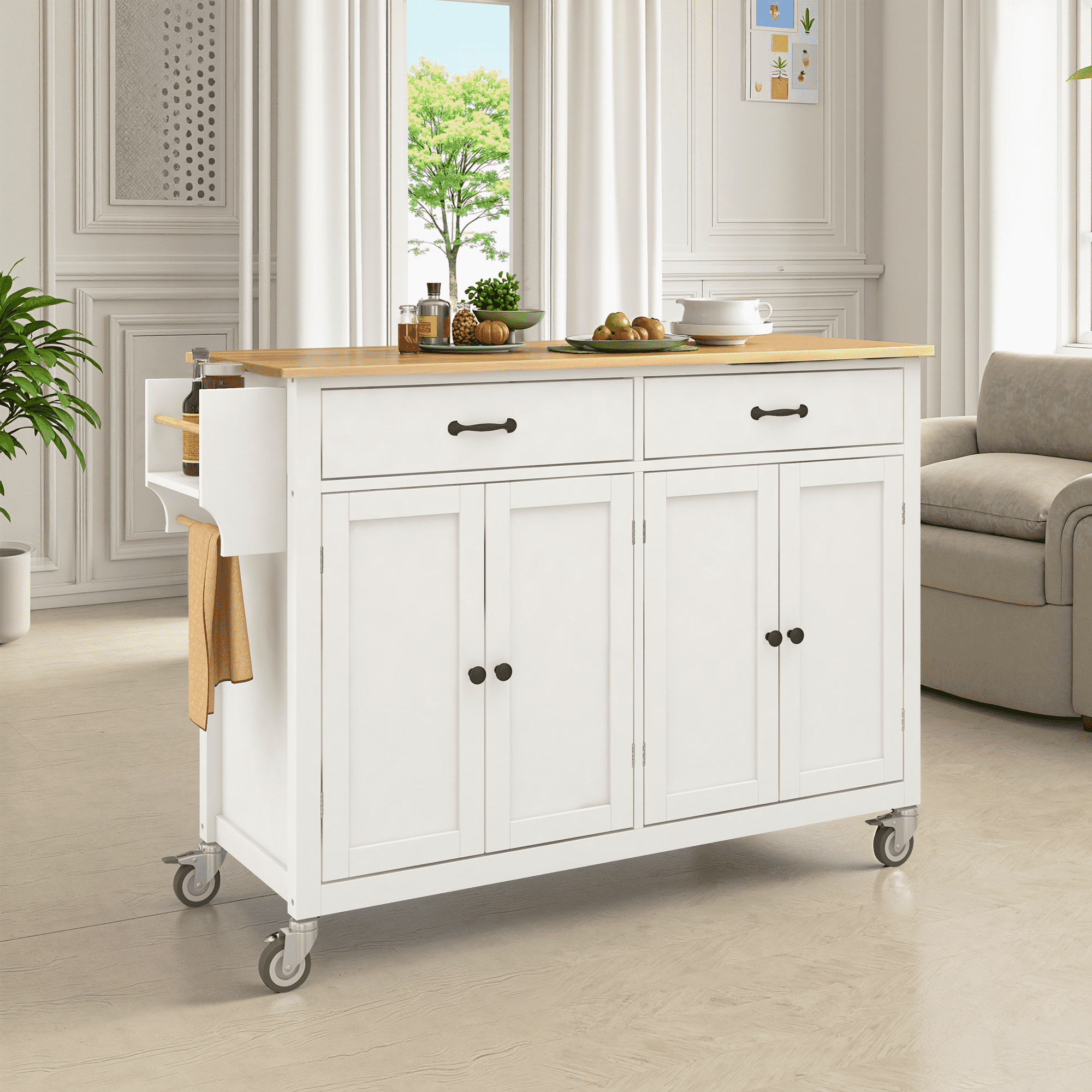 MAYEERTY Kitchen Island Cart with Solid Wood Top & Locking Wheels (H Width) - 4-Door Cabinet