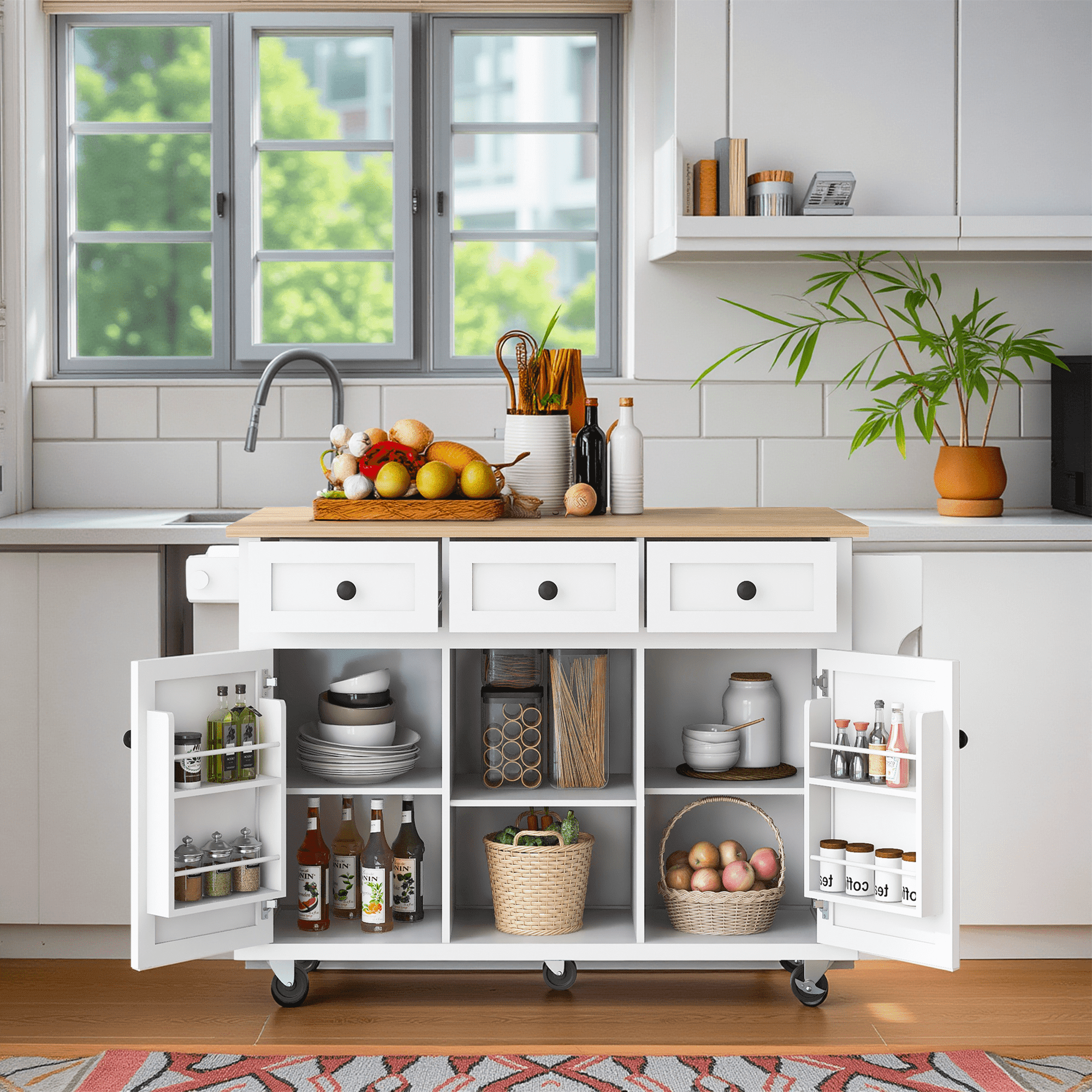 MAYEERTY Kitchen Island on 5 Wheels - Storage Cabinet & 3 Drawers, For Dining Room, White