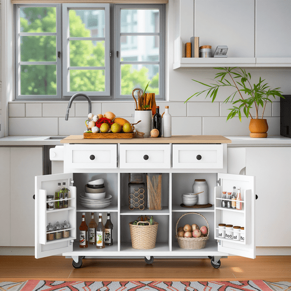 MAYEERTY Kitchen Island on 5 Wheels - Storage Cabinet & 3 Drawers, For Dining Room, White