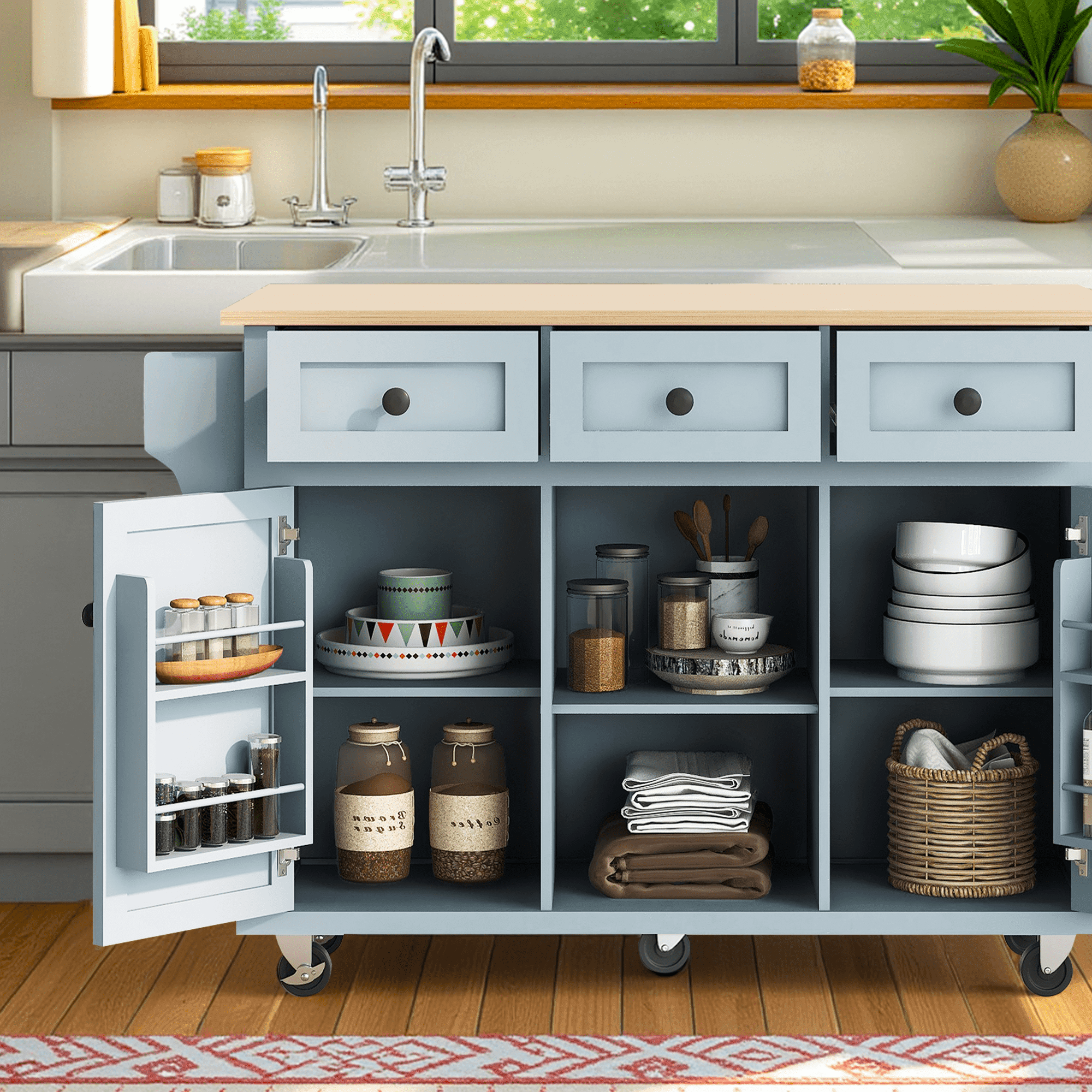MAYEERTY Kitchen Island on 5 Wheels with Storage Cabinet & 3 Drawers for Dining Room, White