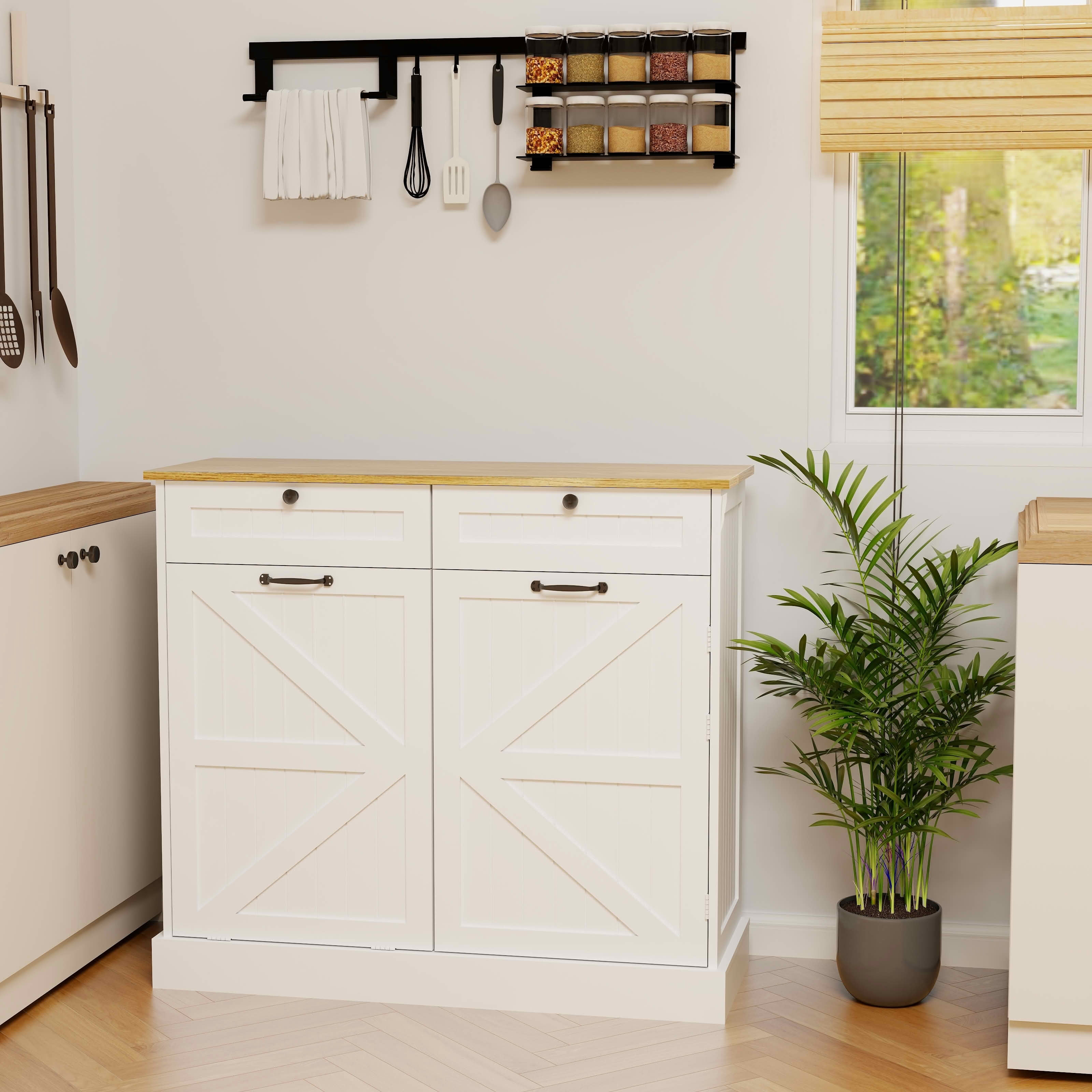 MAYEERTY Kitchen Trash Can Storage Cabinet, 2 Drawers 1 Tilt-Out Trash Bin 1 Door 2 Shelves Storage Rack White