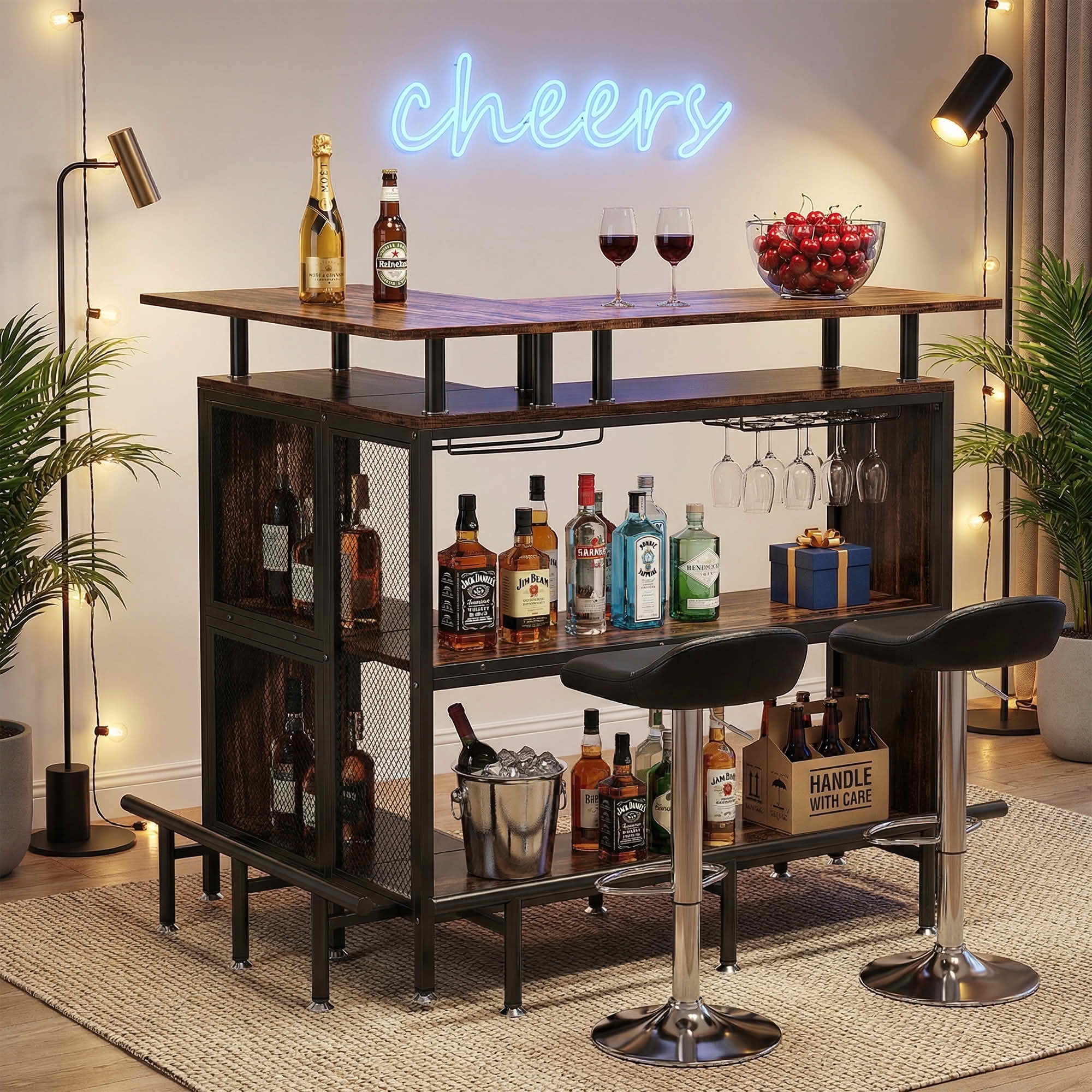 MAYEERTY L Shaped Home Bar Unit, Corner Liquor Bar Table with Glasses Holders and Storage Shelves for Home Entertaining