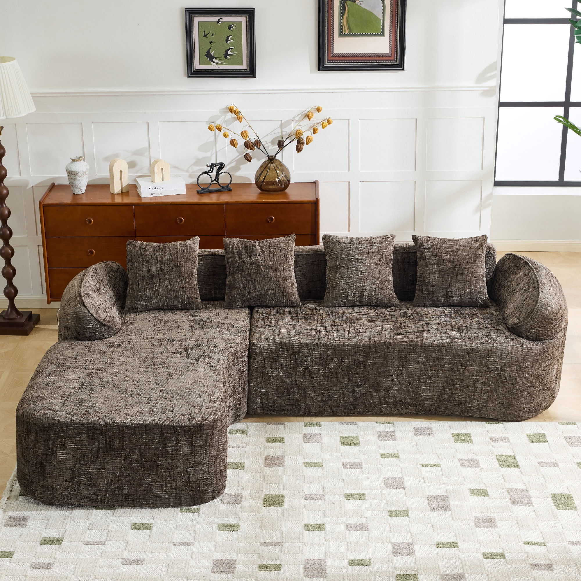 MAYEERTY L-Shaped Chenille Sectional Sofa with Chaise Lounge, 4-Seat Compressed Couch with 4 Throw Pillows, for Living Room Apartment Small Spaces