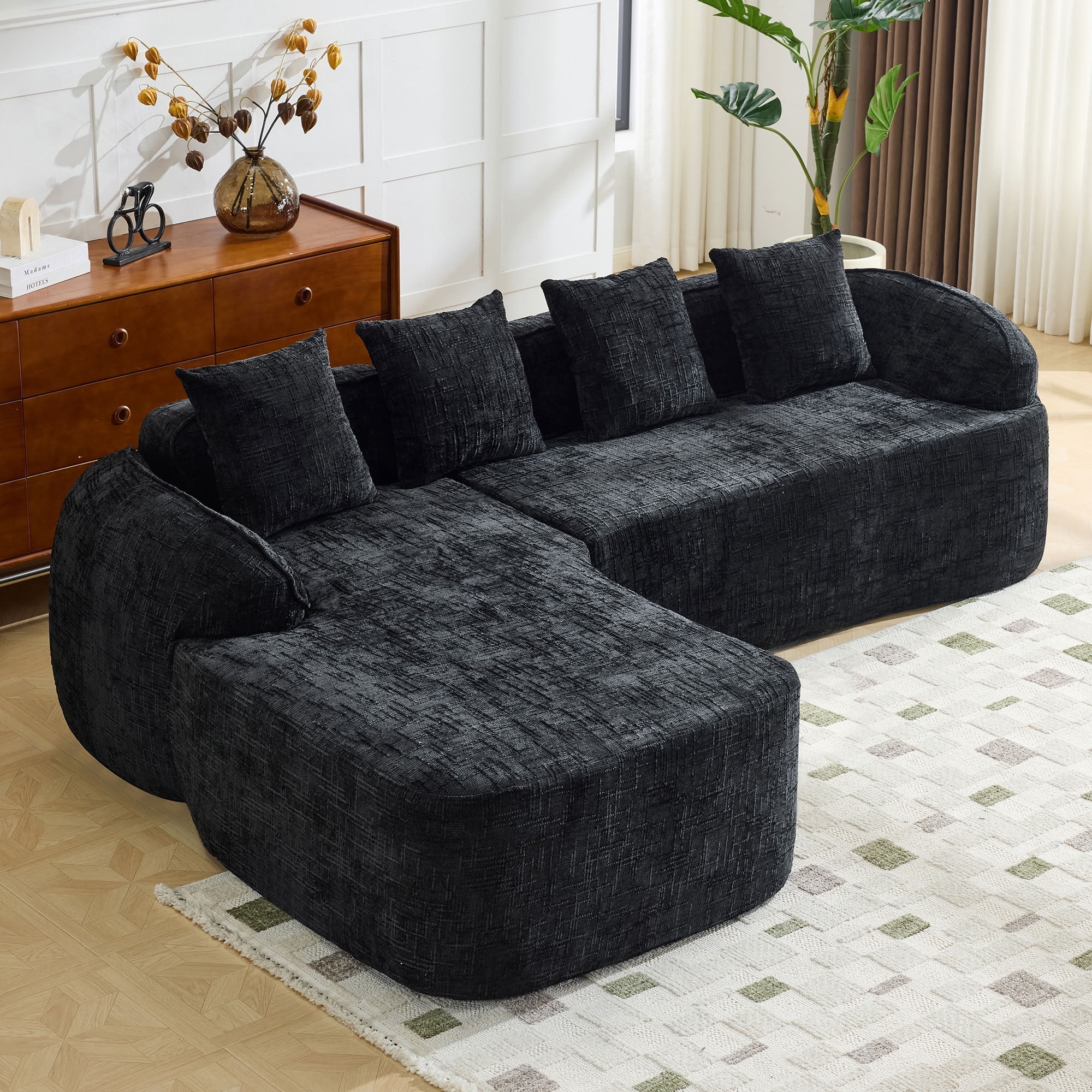 MAYEERTY L-Shaped Chenille Sectional Sofa with Chaise Lounge, 4-Seat Compressed Couch with 4 Throw Pillows, for Living Room Apartment Small Spaces