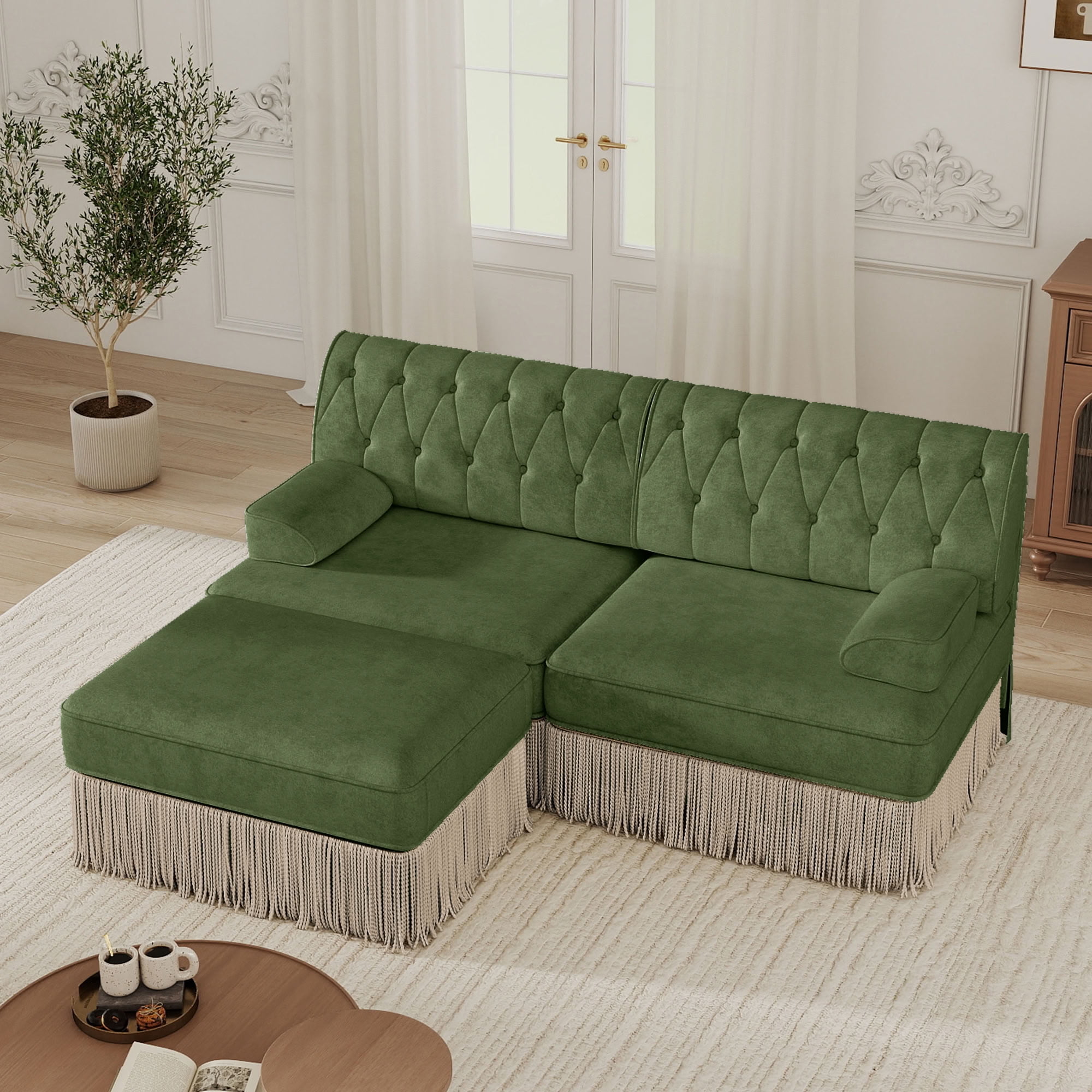 MAYEERTY L-Shaped Chesterfield Sofa, Modular Couch with Tassel & Ottoman, Solid Wood Base for Living Room Bedroom