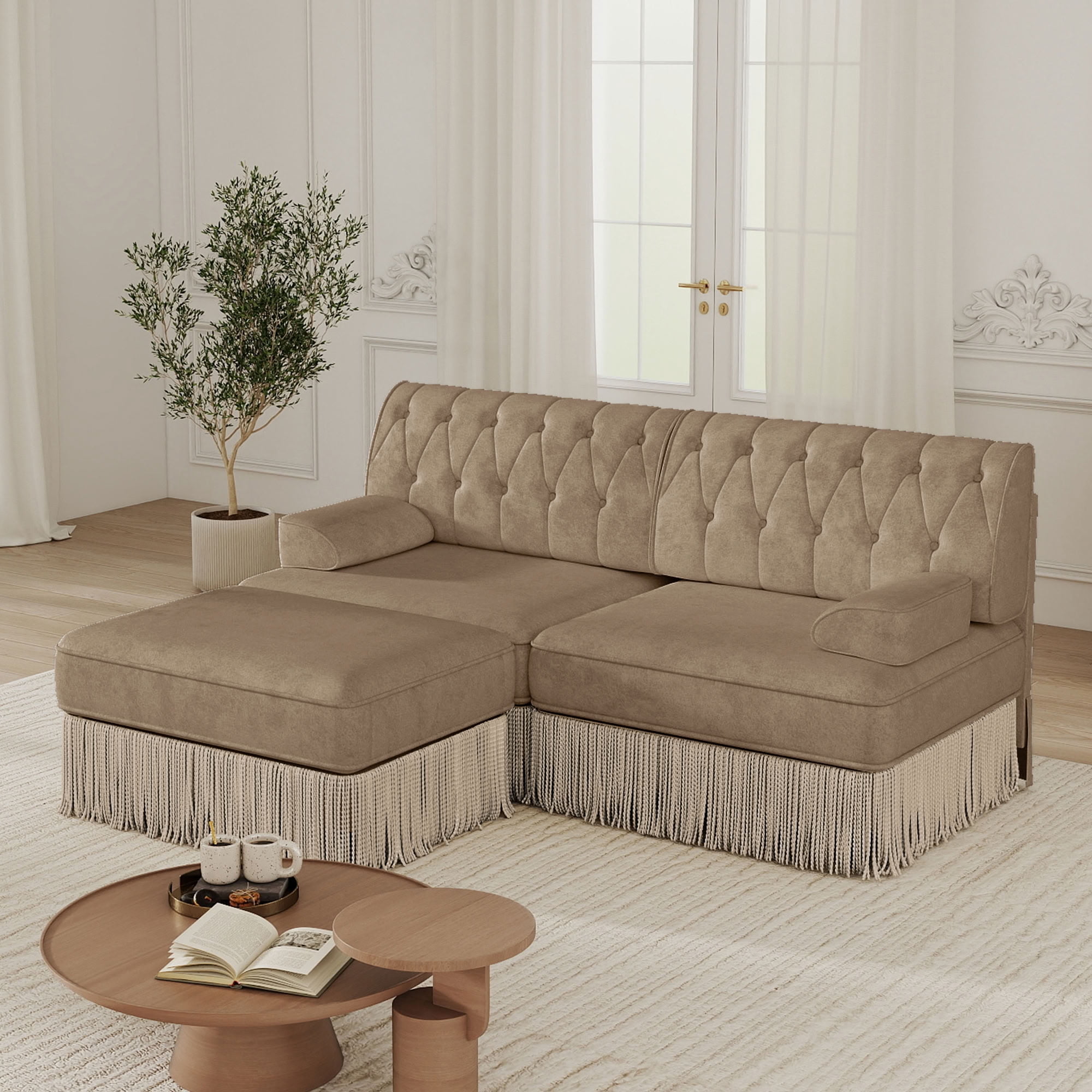MAYEERTY L-Shaped Chesterfield Sofa, Modular Couch with Tassel & Ottoman, Solid Wood Base for Living Room Bedroom