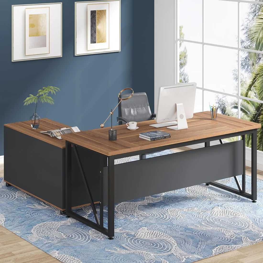 MAYEERTY L-Shaped Computer Desk, 55" / 63" Executive Desk and Mobile File Cabinet