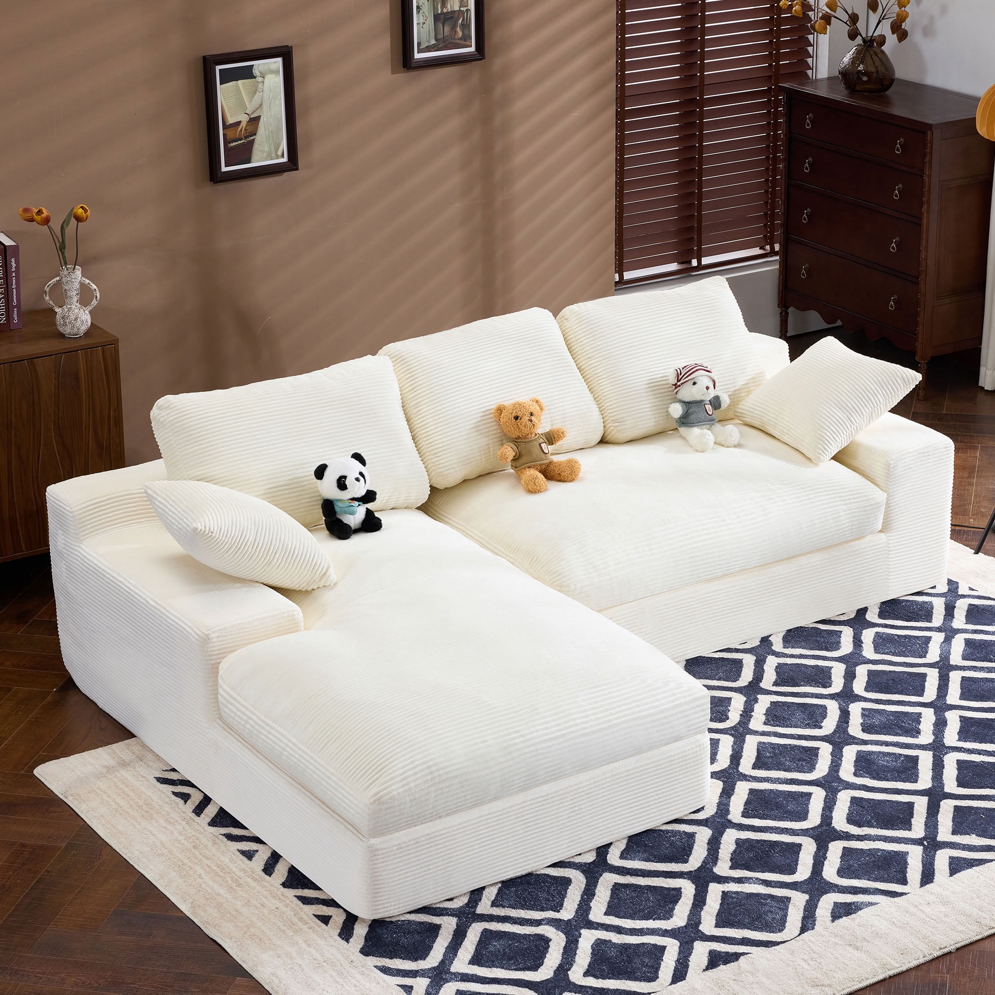MAYEERTY L-Shaped Corduroy Sectional Sofa with Chaise Lounge, Compressed No-Assembly Couch with 3 Back Cushions & 2 Throw Pillows, for Apartment Living Room Small Spaces