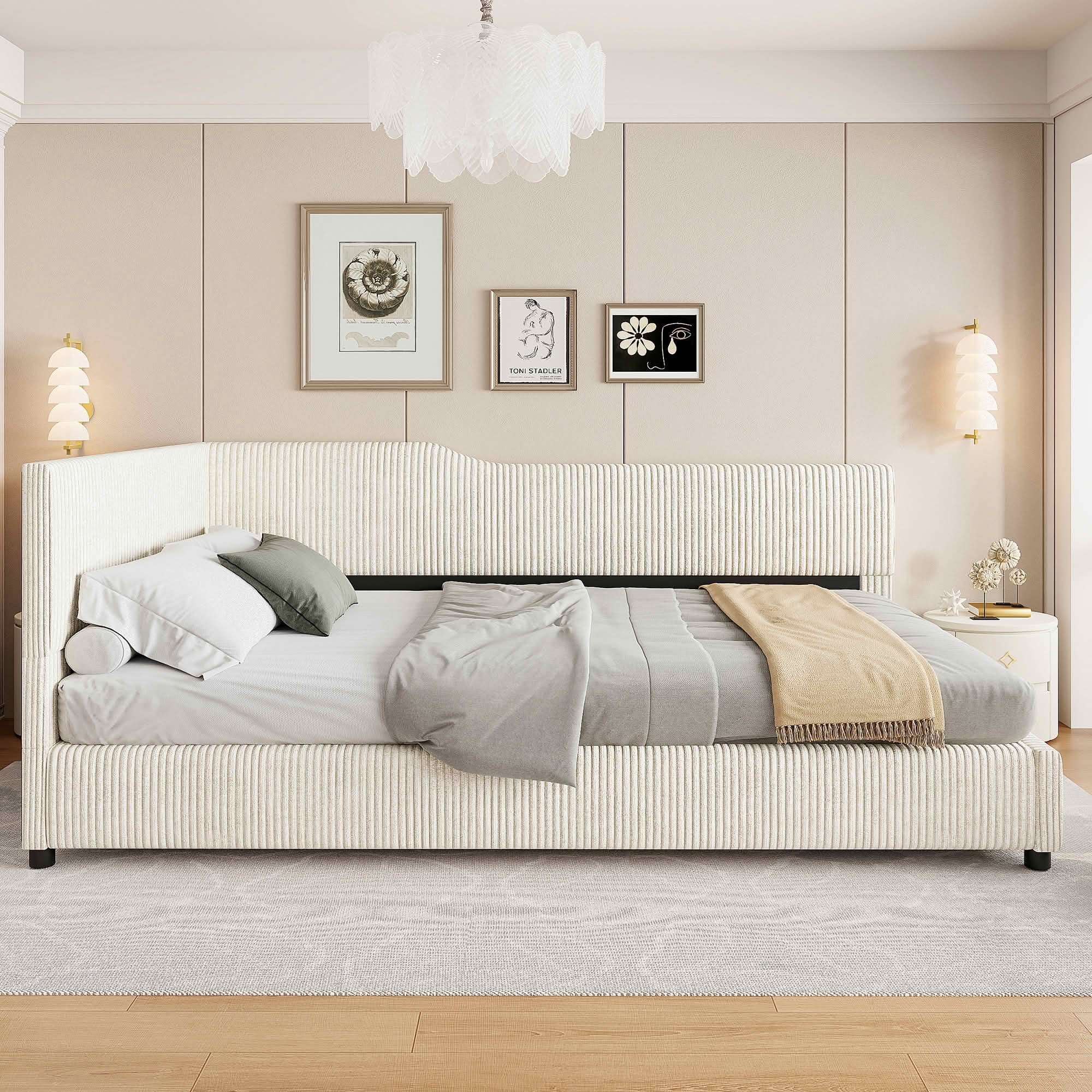 MAYEERTY L-Shaped Corduroy Upholstered Daybed with Sturdy Frame, Spacious Versatile Design