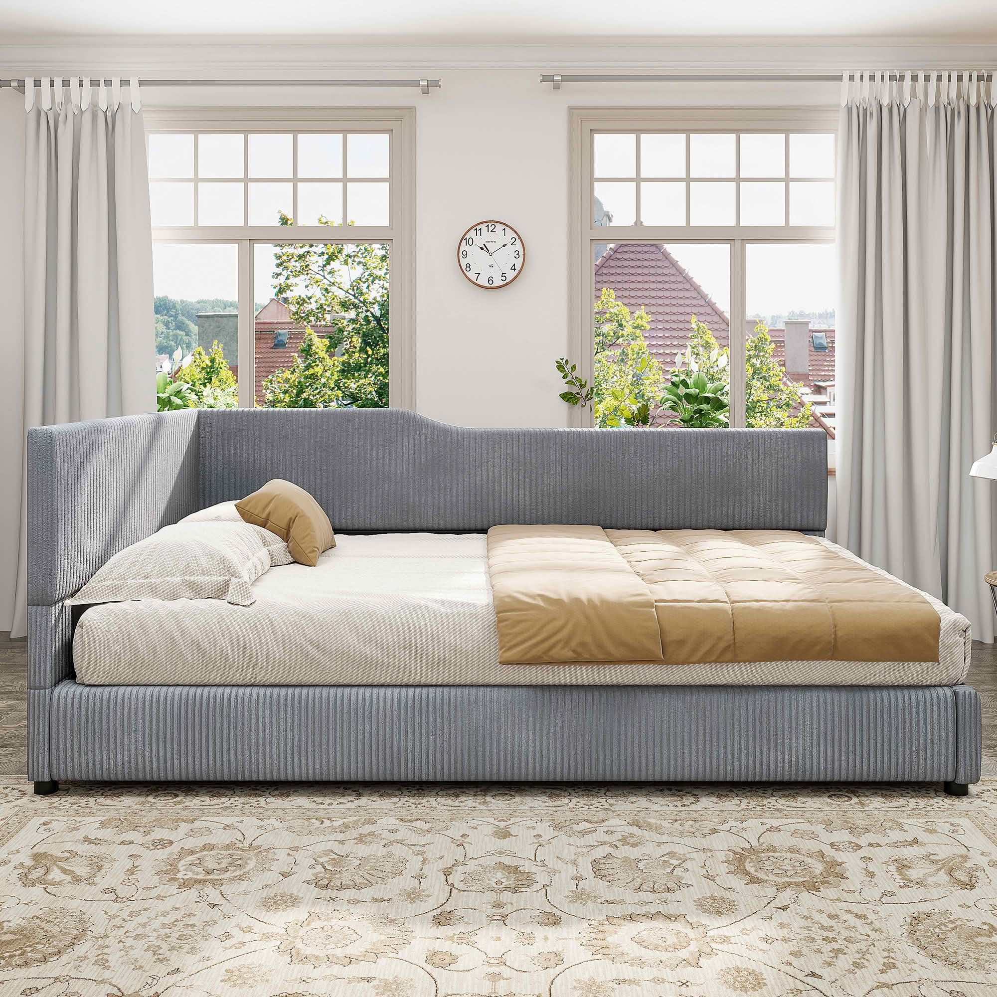 MAYEERTY L-Shaped Corduroy Upholstered Daybed with Sturdy Frame, Spacious Versatile Design