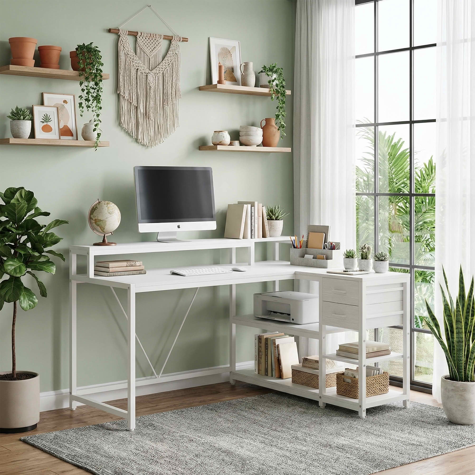 MAYEERTY L-Shaped Corner Desk with Monitor Stand & 2 Drawers, Space-Saving Home Office Desk with Storage Shelves, Anti-Slip Foot Pads