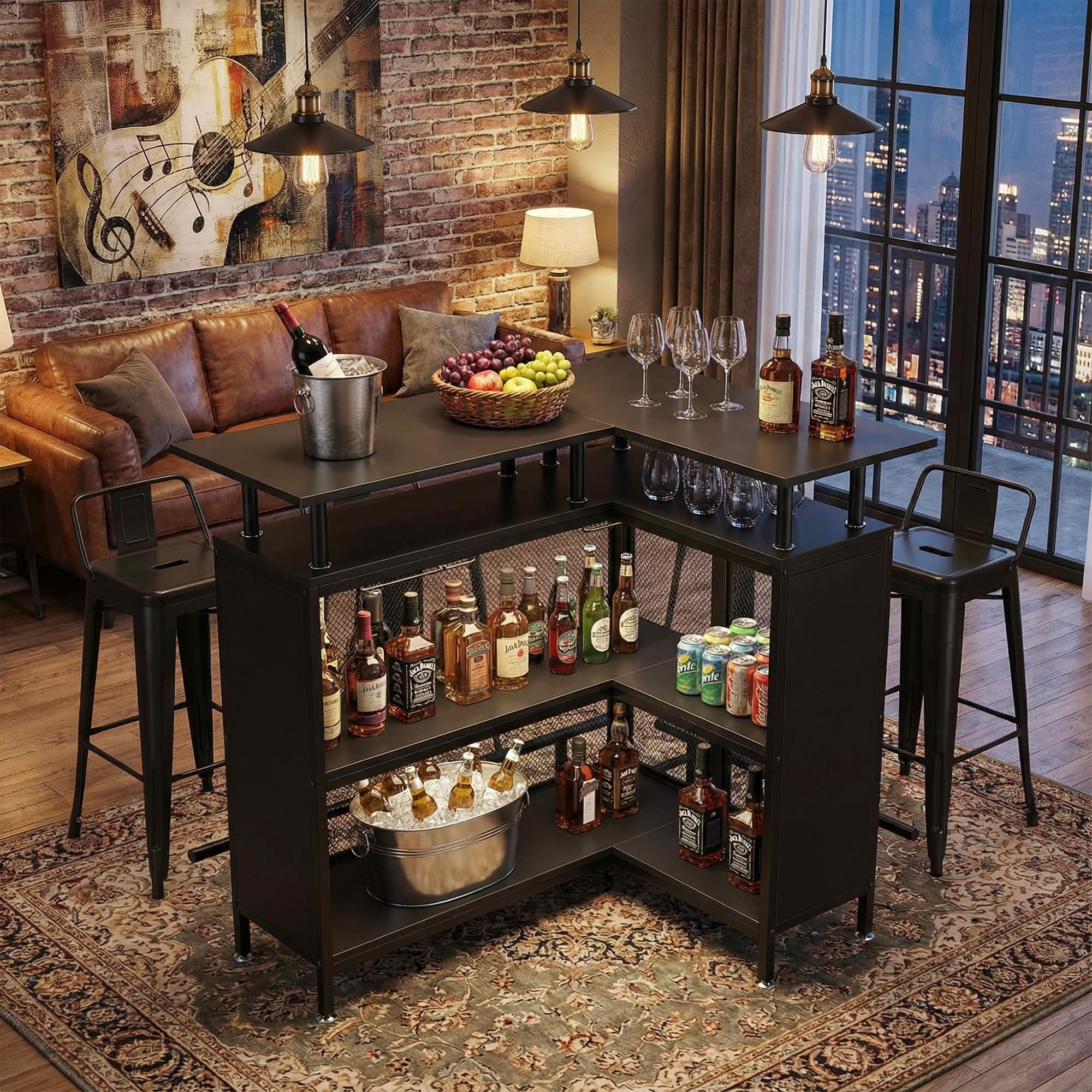MAYEERTY L Shaped Home Bar Unit, Corner Liquor Bar Table with Glasses Holders and Storage Shelves for Home Entertaining