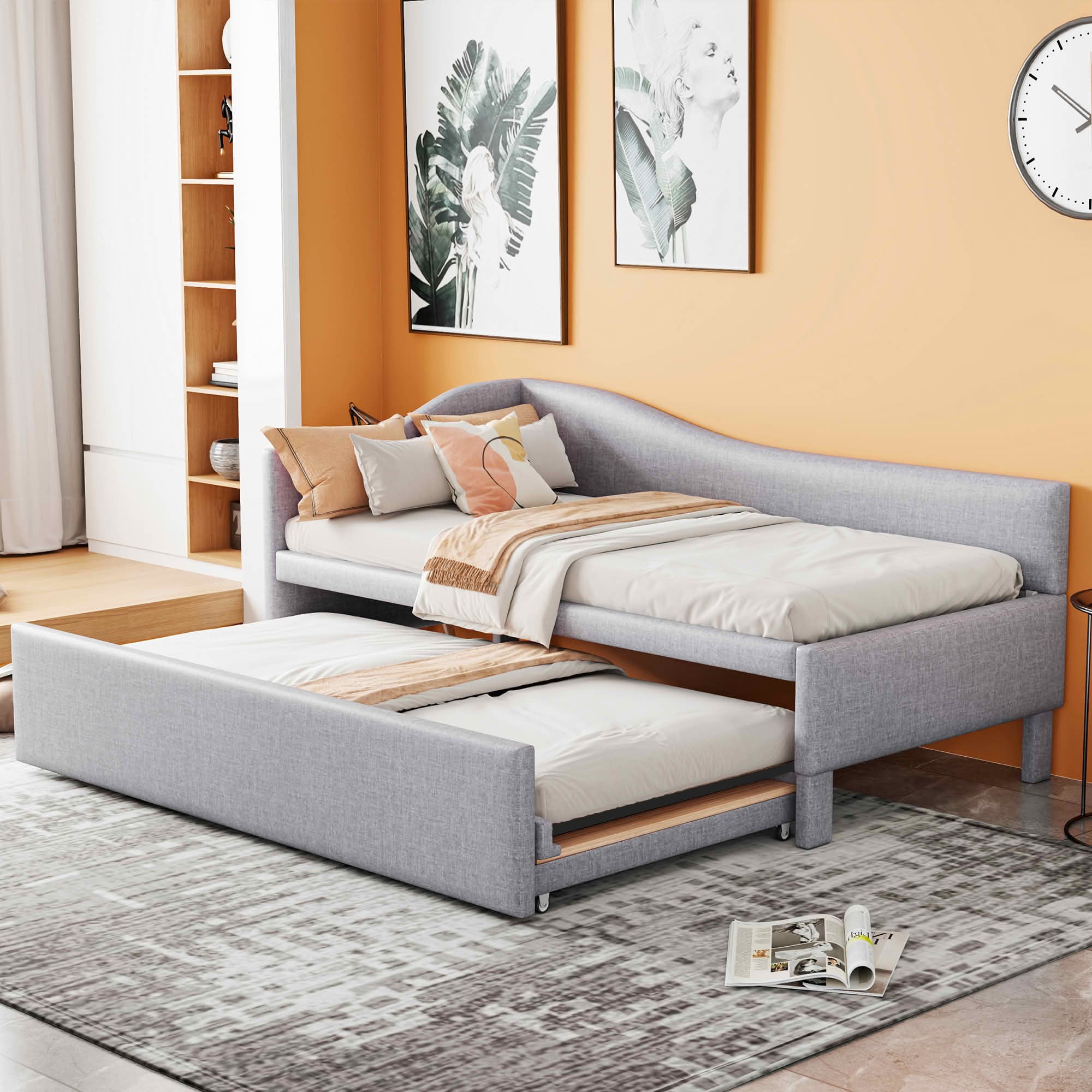 MAYEERTY L-Shaped Linen Upholstered Daybed with Twin to King Expandable Trundle, No Box Spring Needed