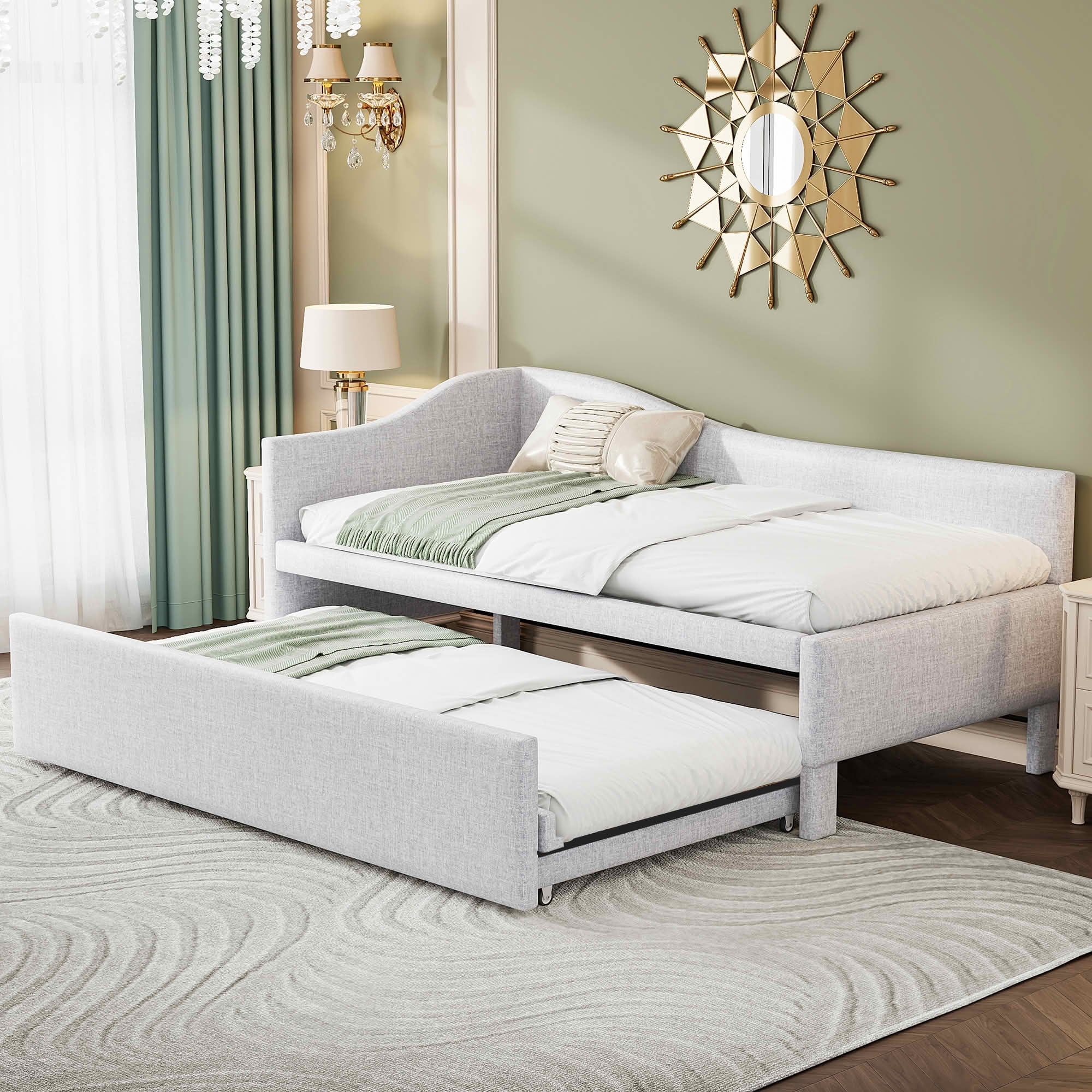 MAYEERTY L-Shaped Linen Upholstered Daybed with Twin to King Expandable Trundle, No Box Spring Needed