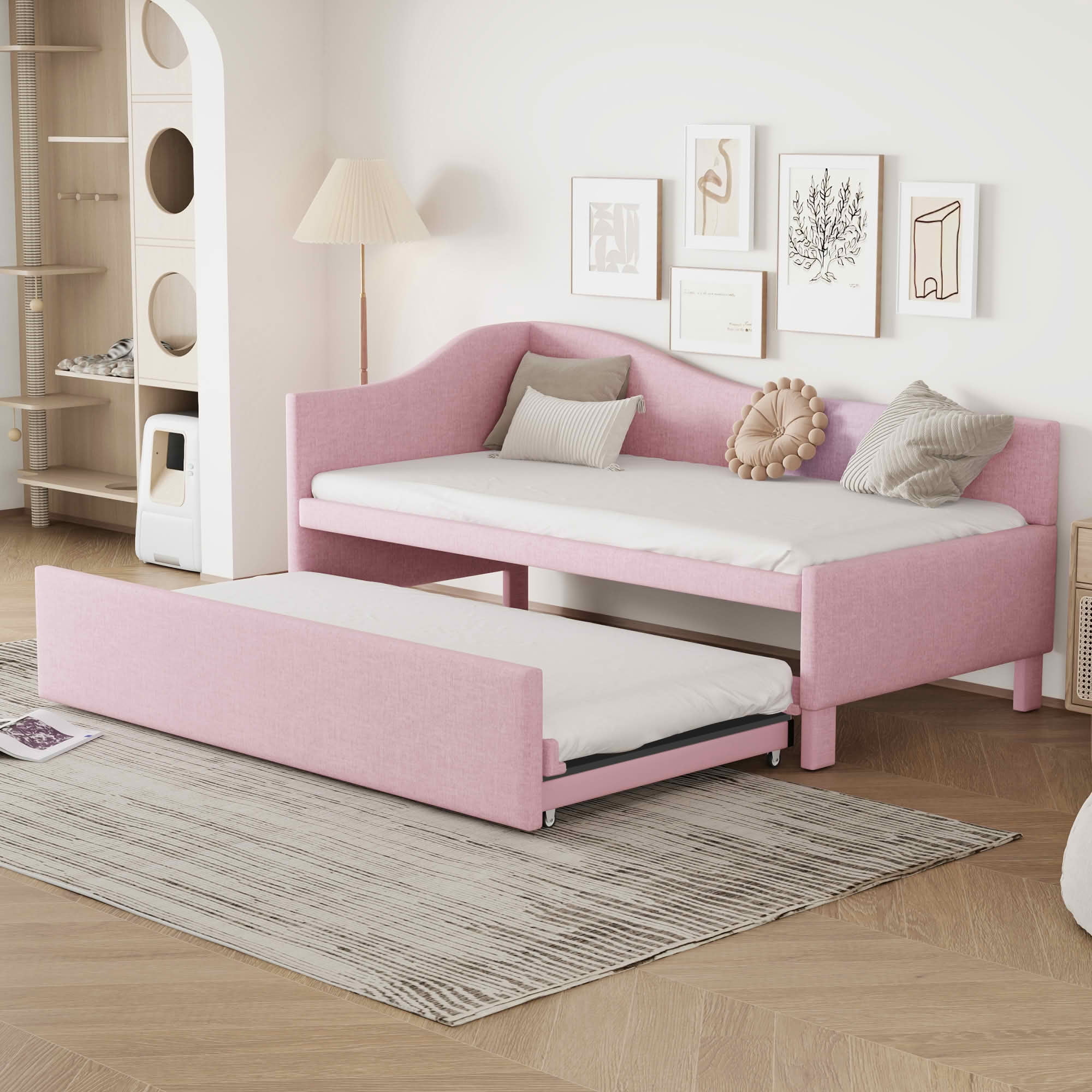 MAYEERTY L-Shaped Linen Upholstered Daybed with Twin to King Expandable Trundle, No Box Spring Needed