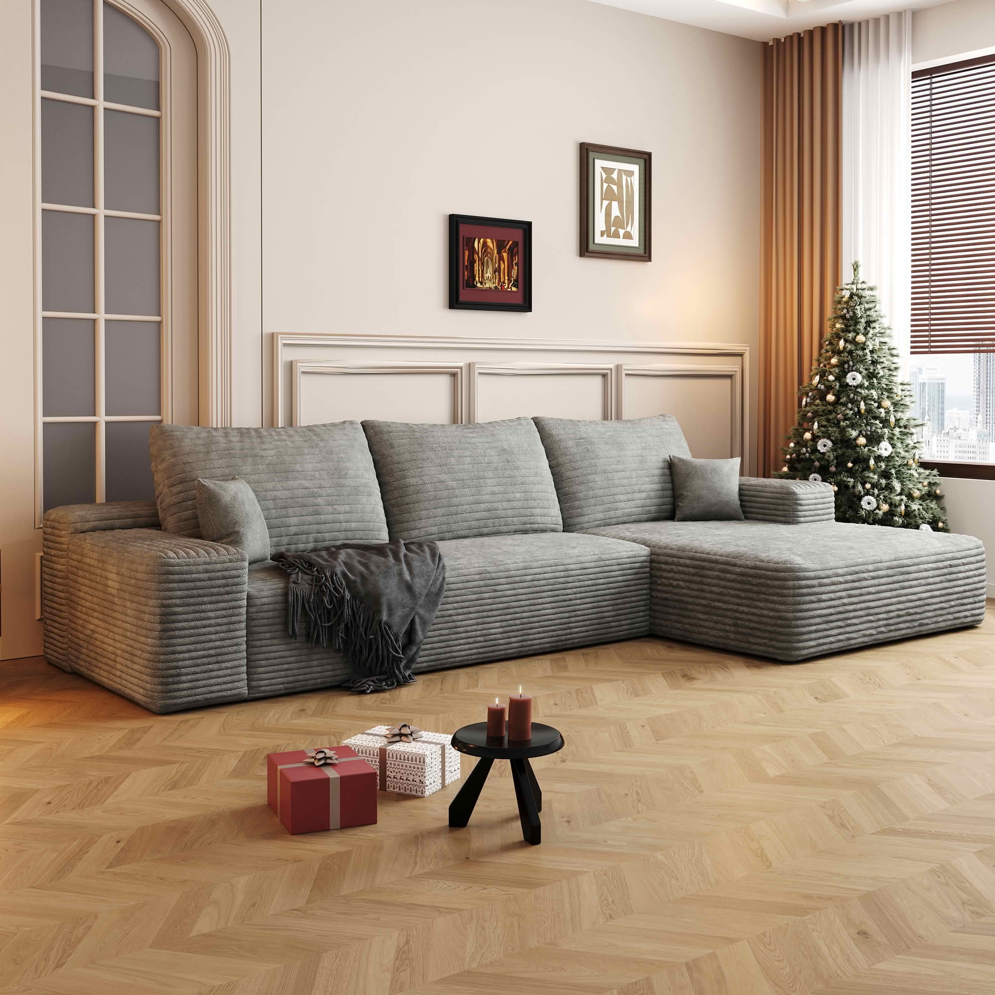 MAYEERTY L-Shaped Modular Sectional Sofa, Plush Corduroy Cloud Couch with Chaise, No Assembly Leisure Sofa for Home