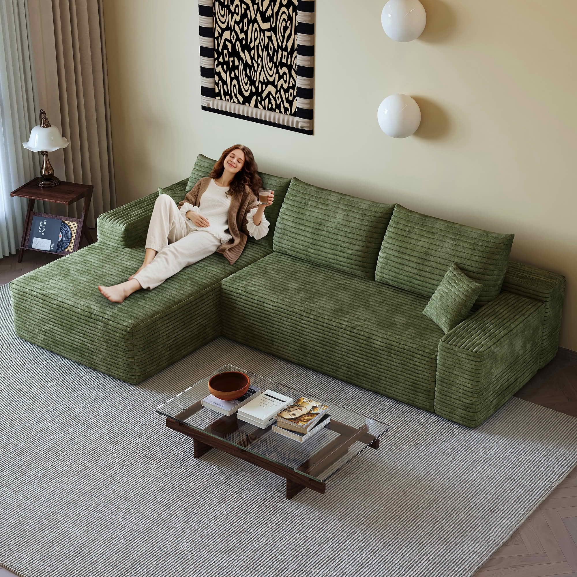 MAYEERTY L-Shaped Modular Sectional Sofa, Plush Corduroy Cloud Couch with Chaise, No Assembly Leisure Sofa for Home