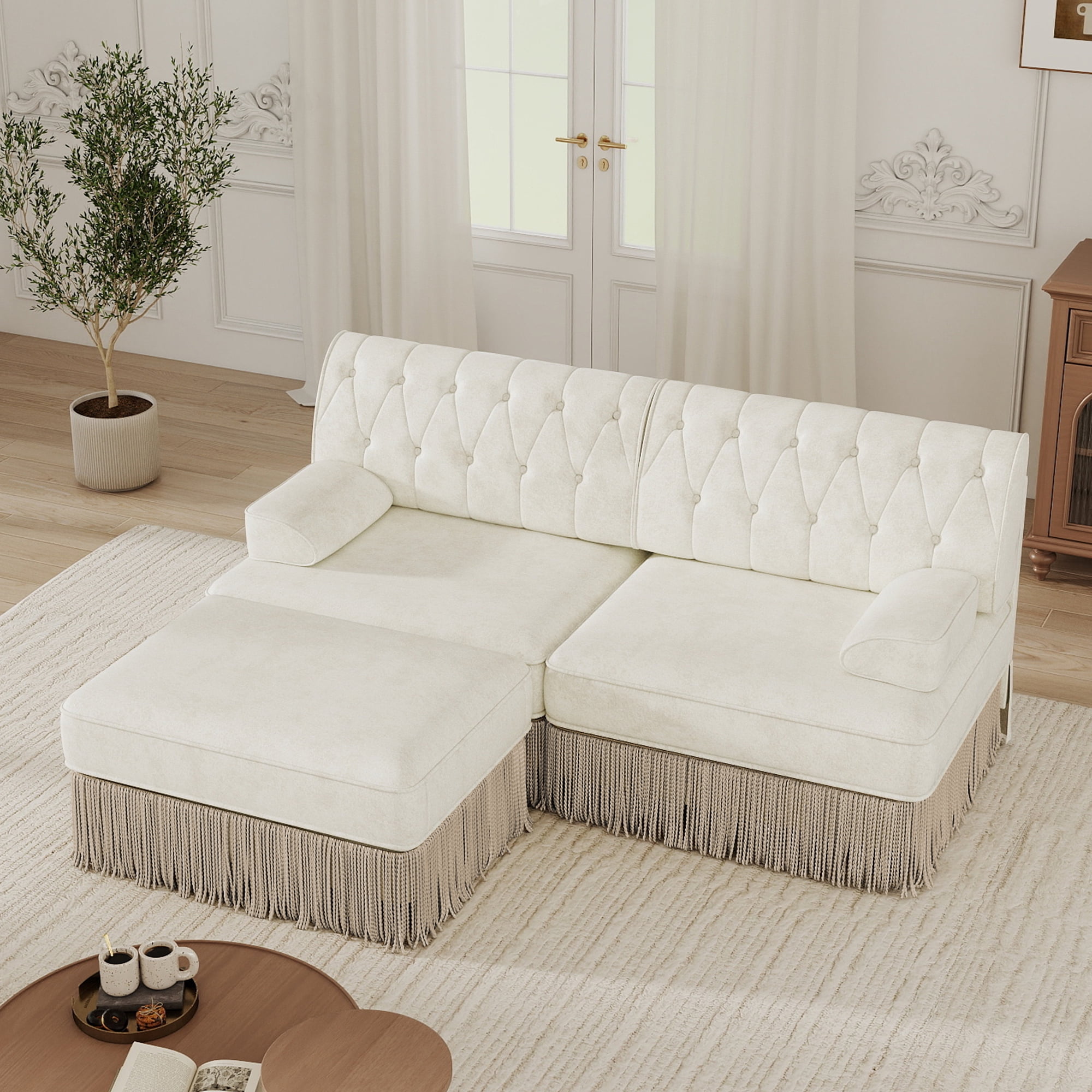 MAYEERTY L-Shaped Modular Sectional Sofa, Tufted Couch with Tassel Fringe Skirt & Ottoman, Wooden Base for Living Room Bedroom