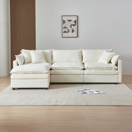 MAYEERTY L-Shaped Modular Sectional Sofa with Ottoman, Chenille Fabric, Beige