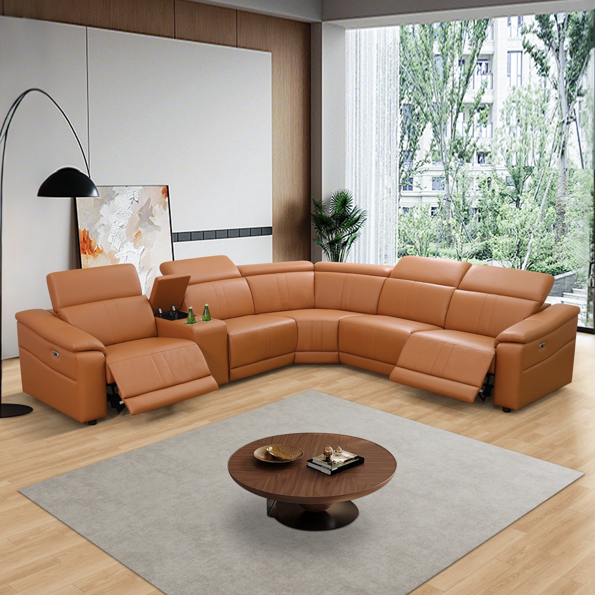 MAYEERTY L-Shaped Recliner Sofa Set, Breathing Leather with Console