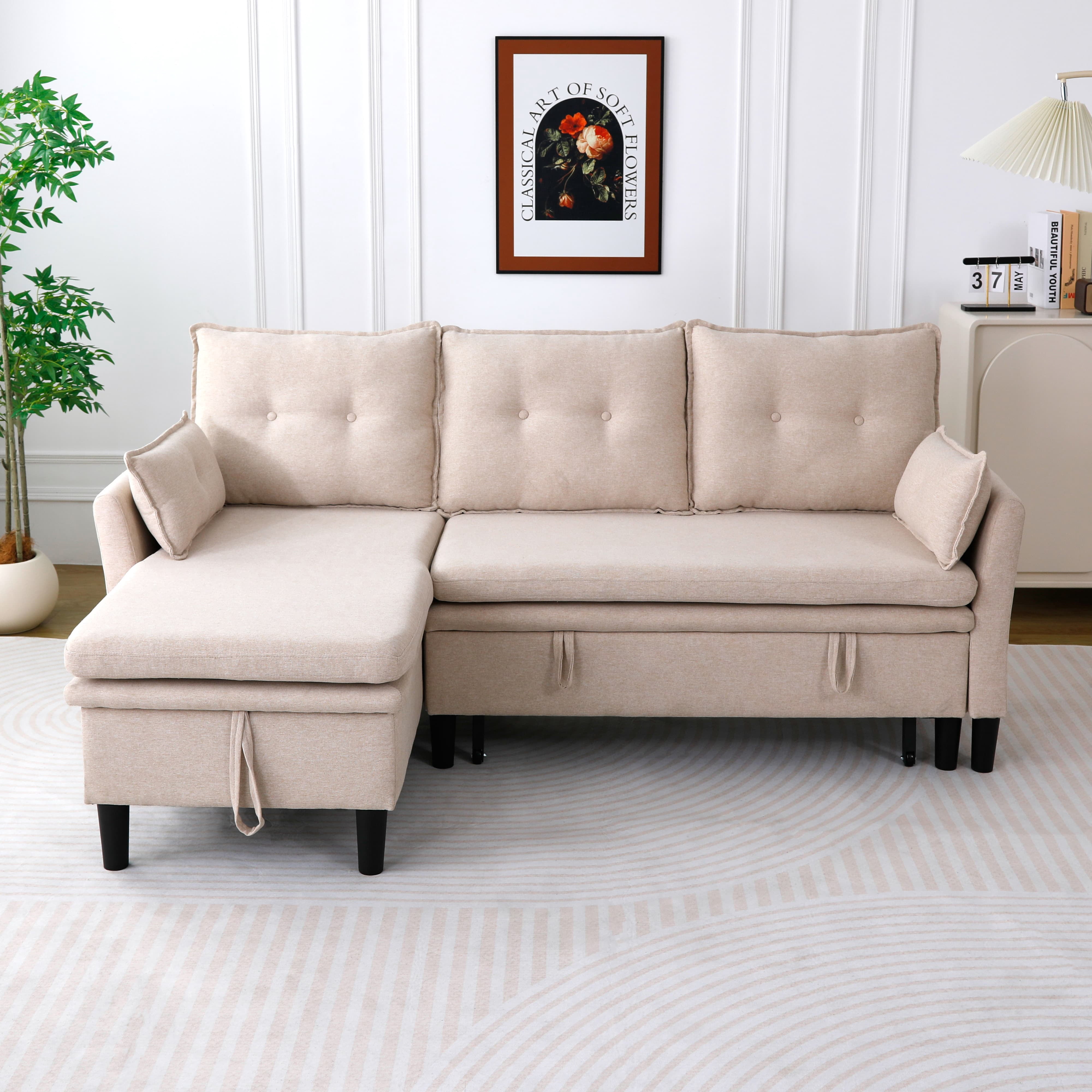 MAYEERTY L-Shaped Reversible Chaise Sectional Sofa Linen Sofa Bed with Storage, for Apartment, Beige