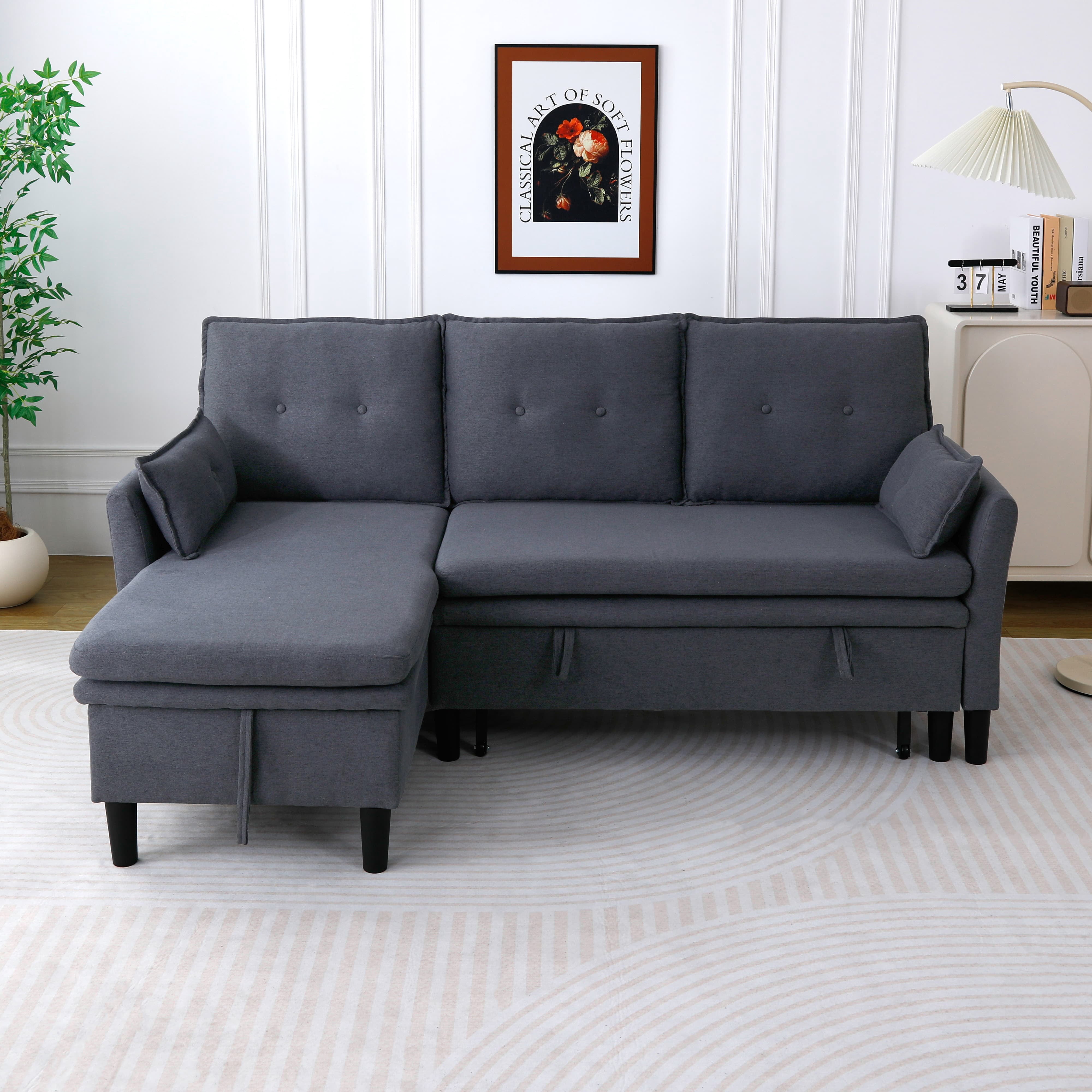 MAYEERTY L-Shaped Reversible Chaise Sectional Sofa Linen Sofa Bed with Storage, for Apartment, Dark Grey