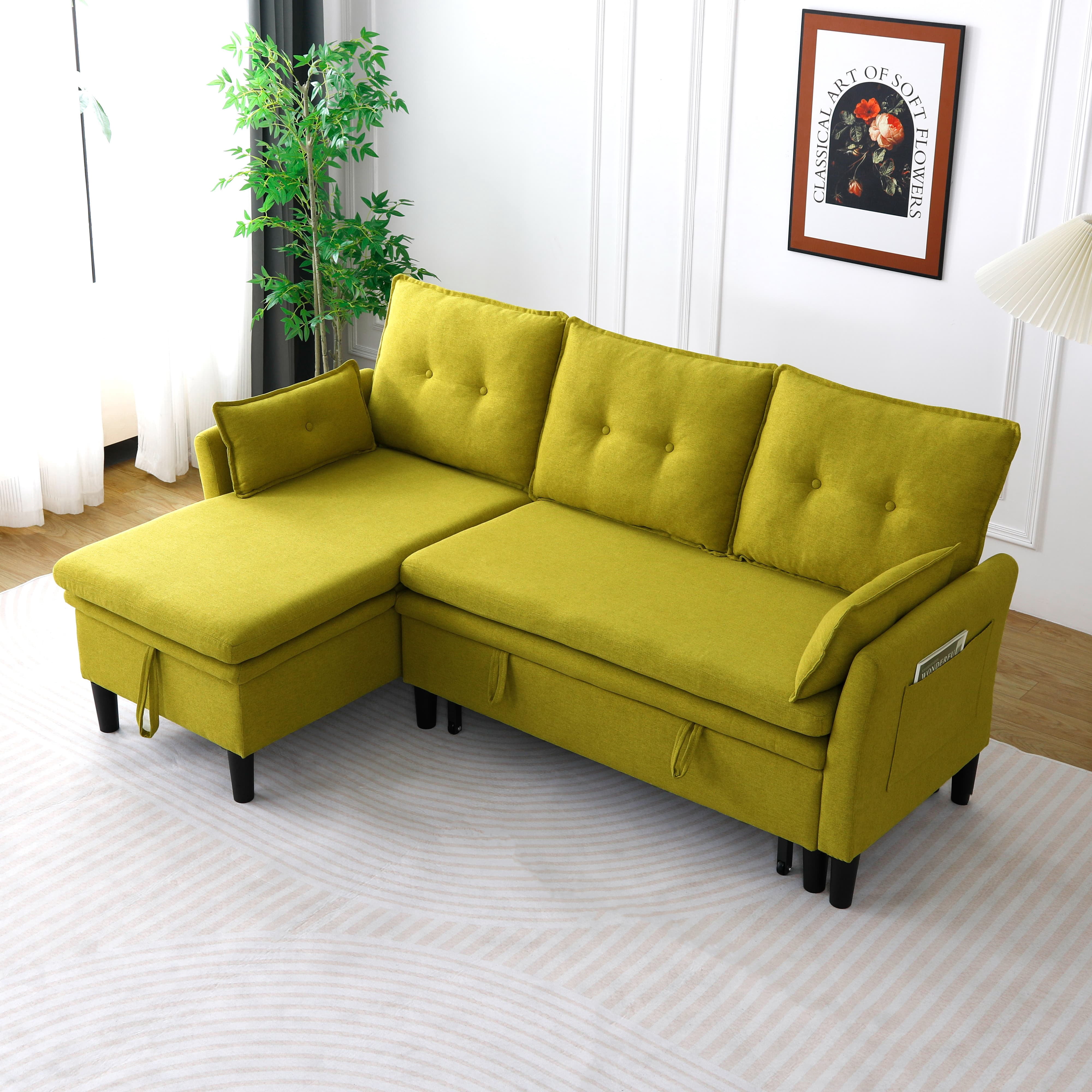 MAYEERTY L-Shaped Reversible Chaise Sectional Sofa Linen Sofa Bed with Storage, for Apartment, Green