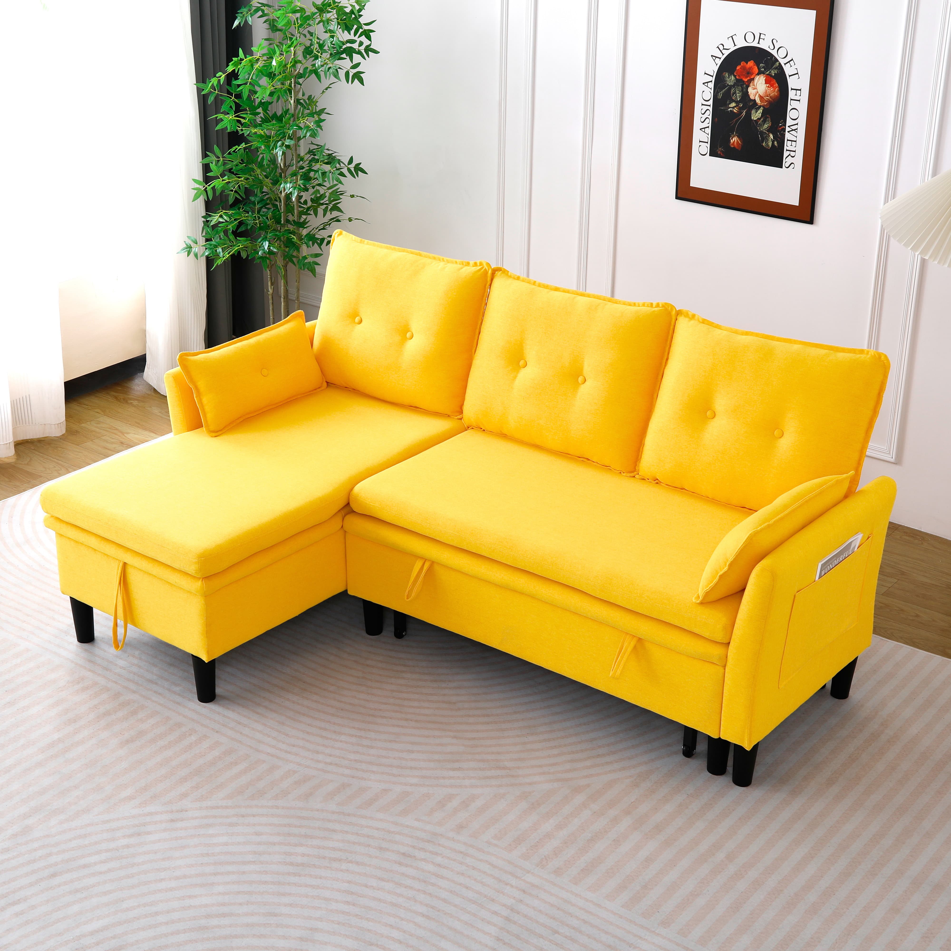 MAYEERTY L-Shaped Reversible Chaise Sectional Sofa Linen Sofa Bed with Storage, for Apartment, Yellow