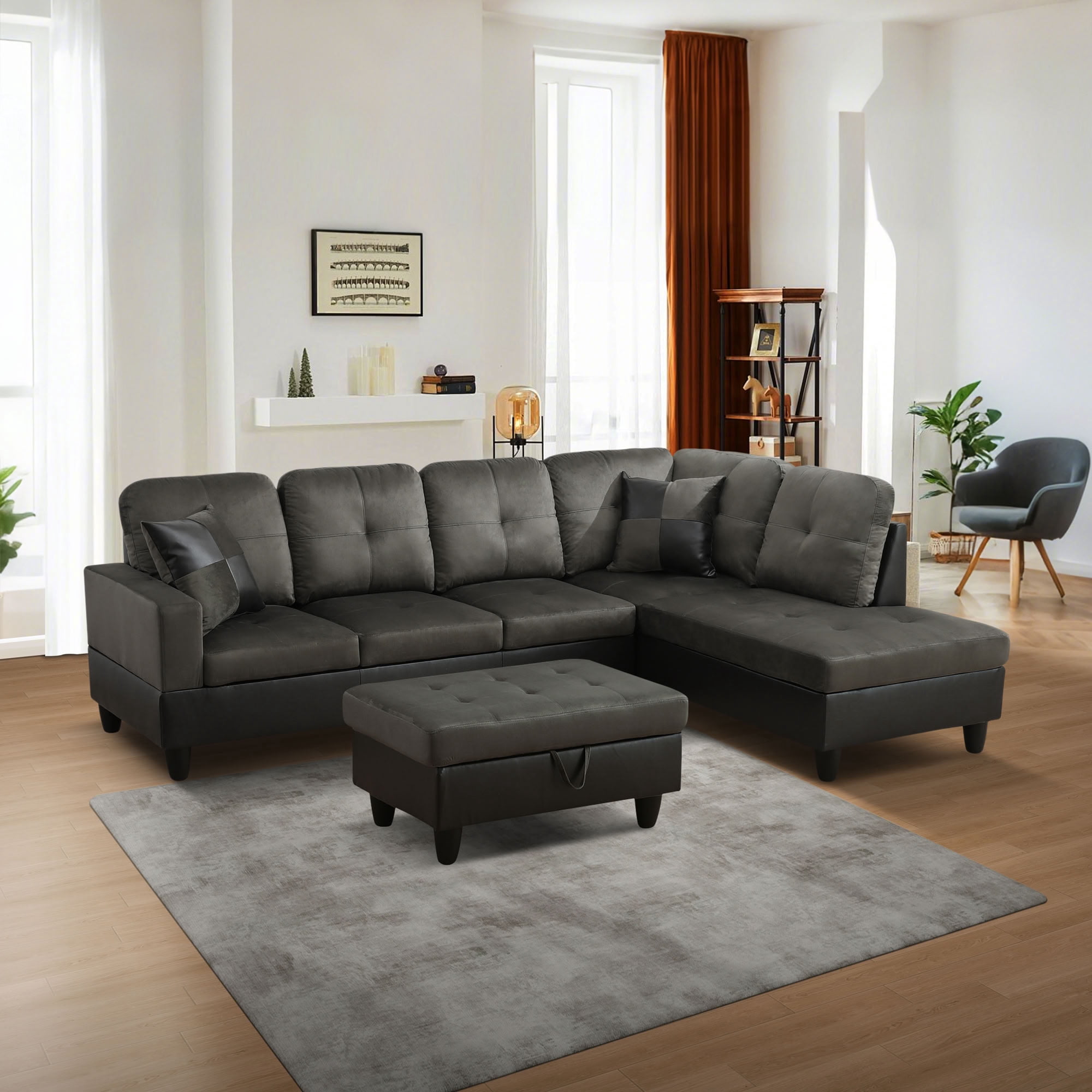 MAYEERTY L-Shaped Sectional Sofa Set, Flannel Modular Couch with Storage Ottoman & Chaise for Living Room Family Room, Taupe