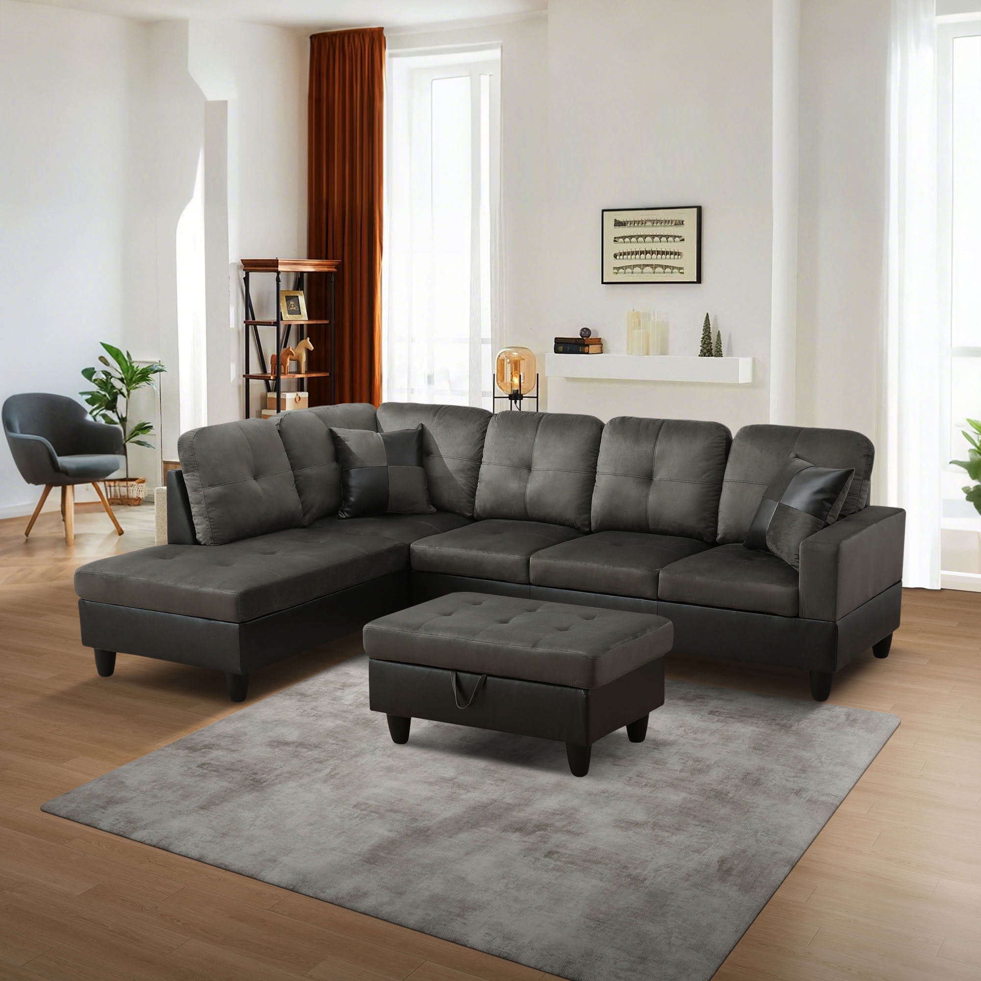 MAYEERTY L-Shaped Sectional Sofa Set, Flannel Modular Couch with Storage Ottoman & Chaise for Living Room Family Room, Taupe