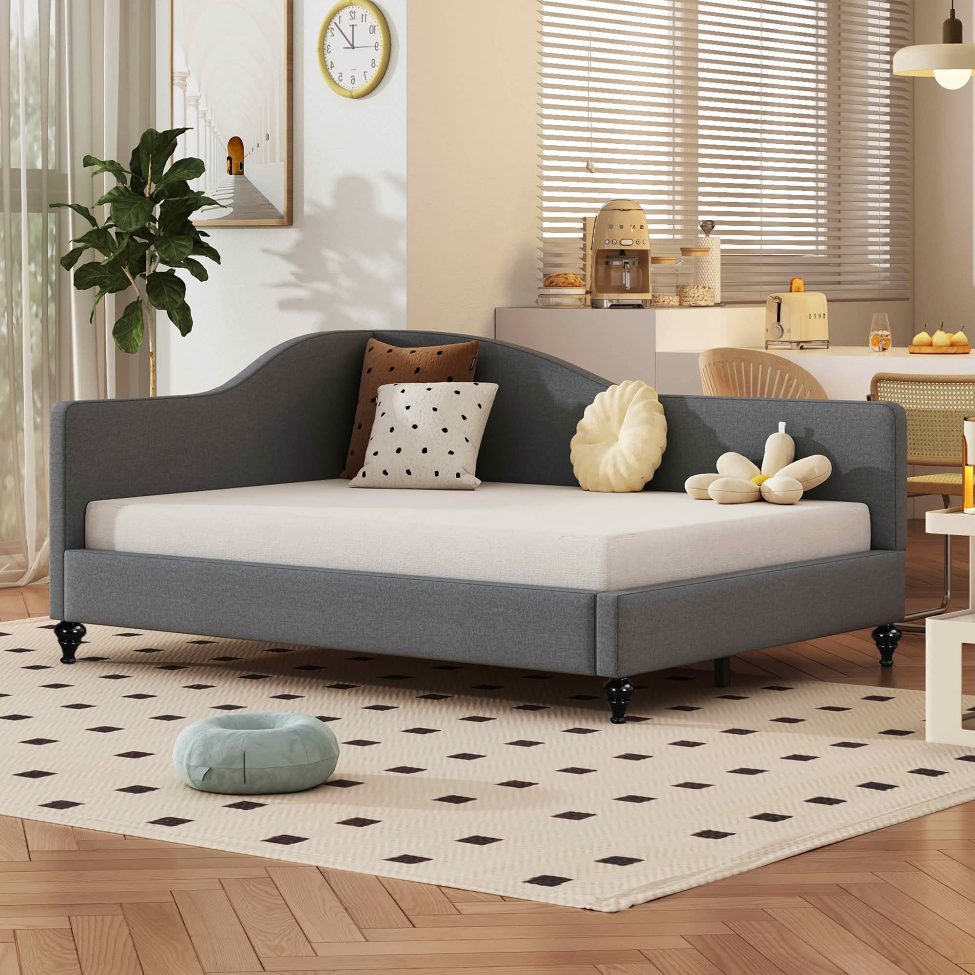 MAYEERTY L-Shaped Semi-Enclosed Upholstered Daybed with Solid Wood Legs, Twin & Full Size Available