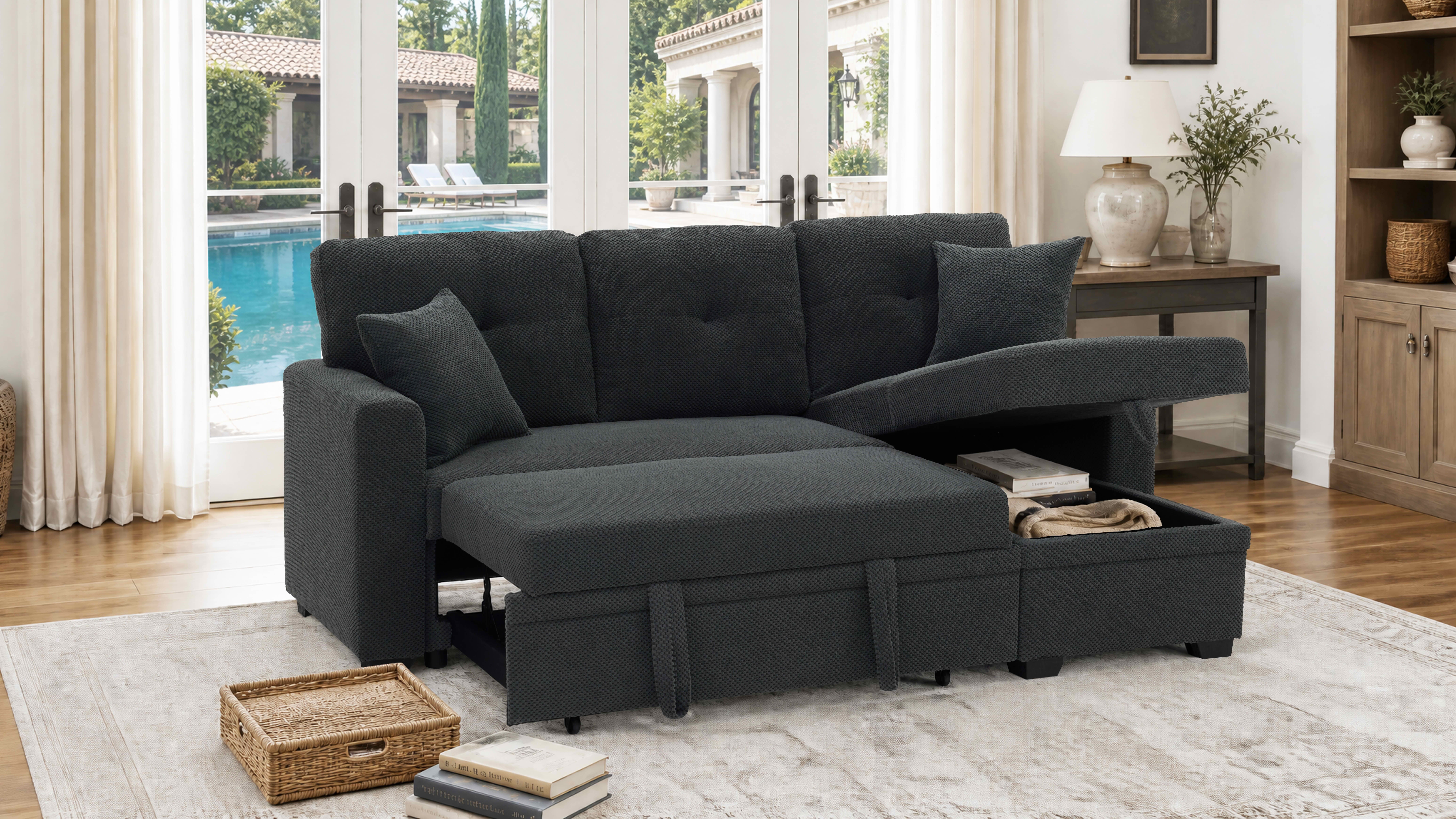 MAYEERTY L‑Shaped Sleeper Sectional Sofa, Convertible Pull‑Out Bed with Reversible Storage Chaise, Dark Gray Breathable Polyester Fabric for Small Living Spaces