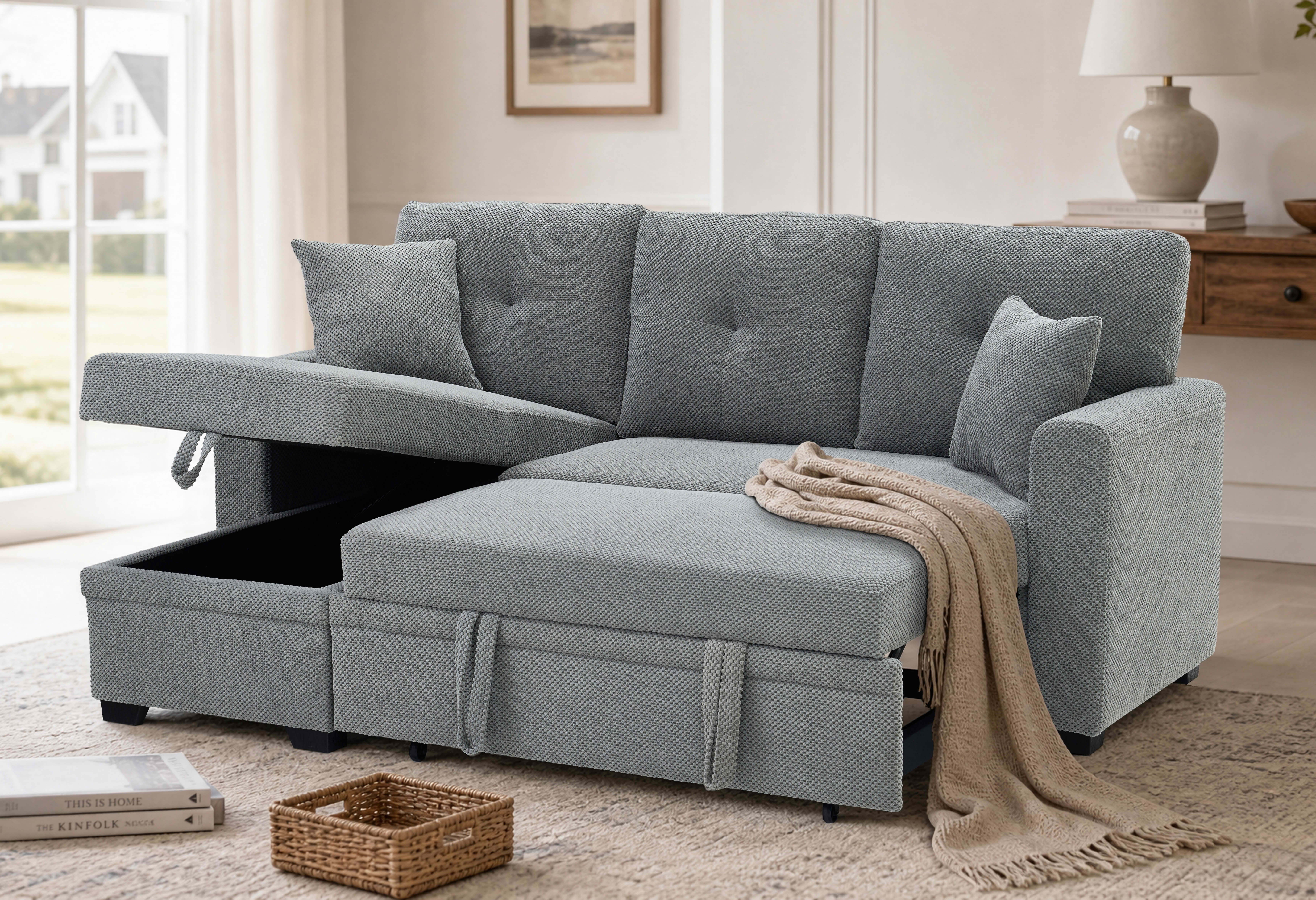 MAYEERTY L‑Shaped Sleeper Sectional Sofa, Convertible Pull‑Out Bed with Reversible Storage Chaise, Dark Gray Breathable Polyester Fabric for Small Living Spaces